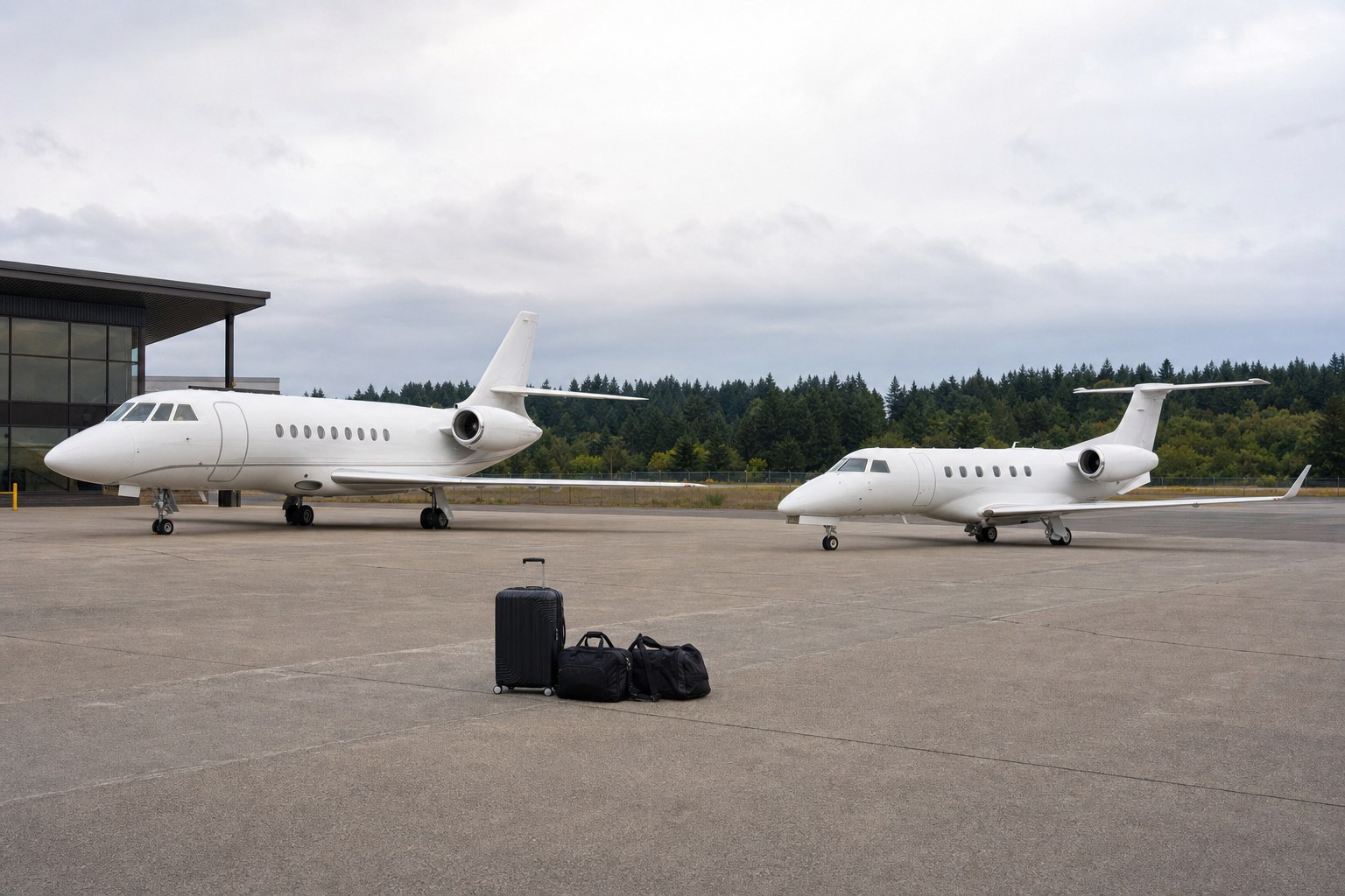 Two business jets of different sizes parked on an airport apron with travel bags in the foreground.