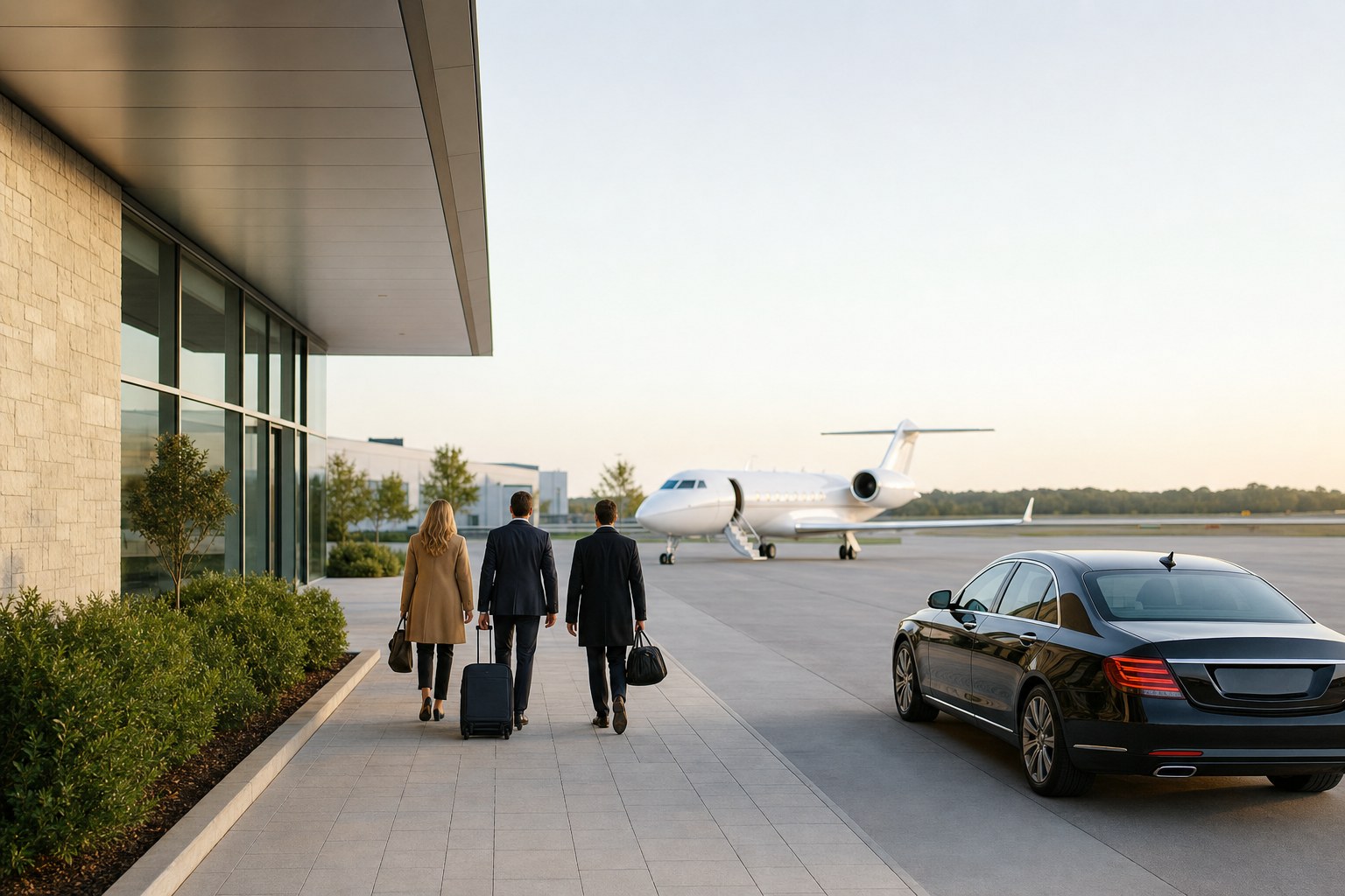 Travelers walking from a fixed-base terminal toward a private jet with an executive car at the curb.