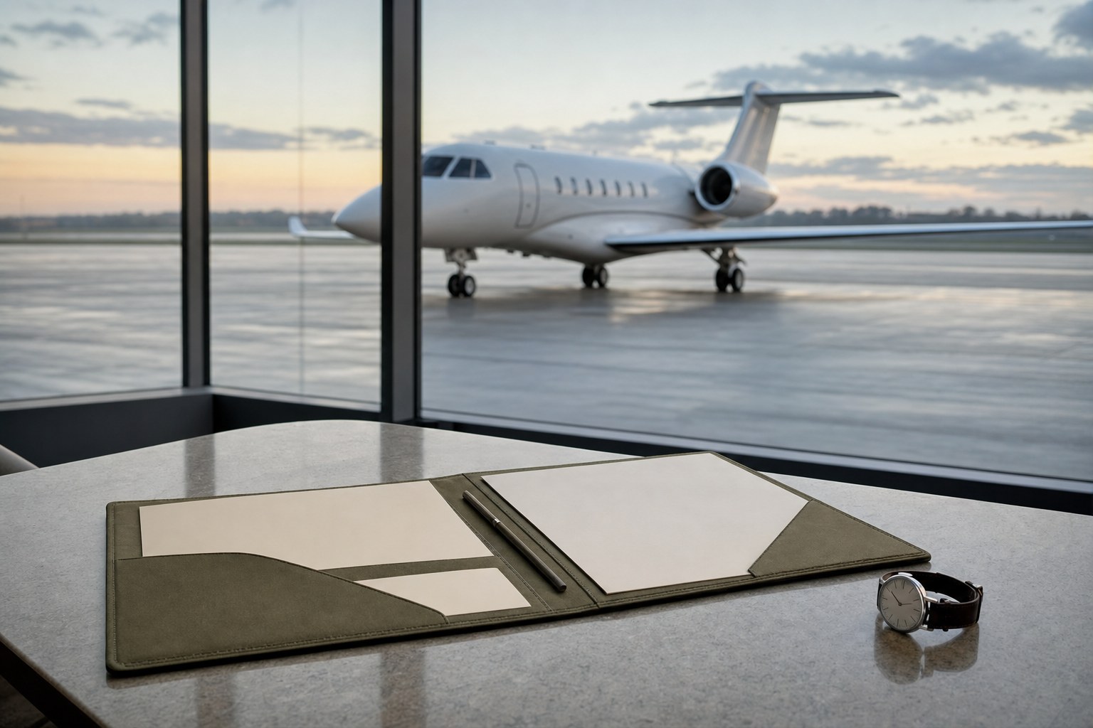 Private jet viewed through a terminal window with a flight-planning folder in the foreground.