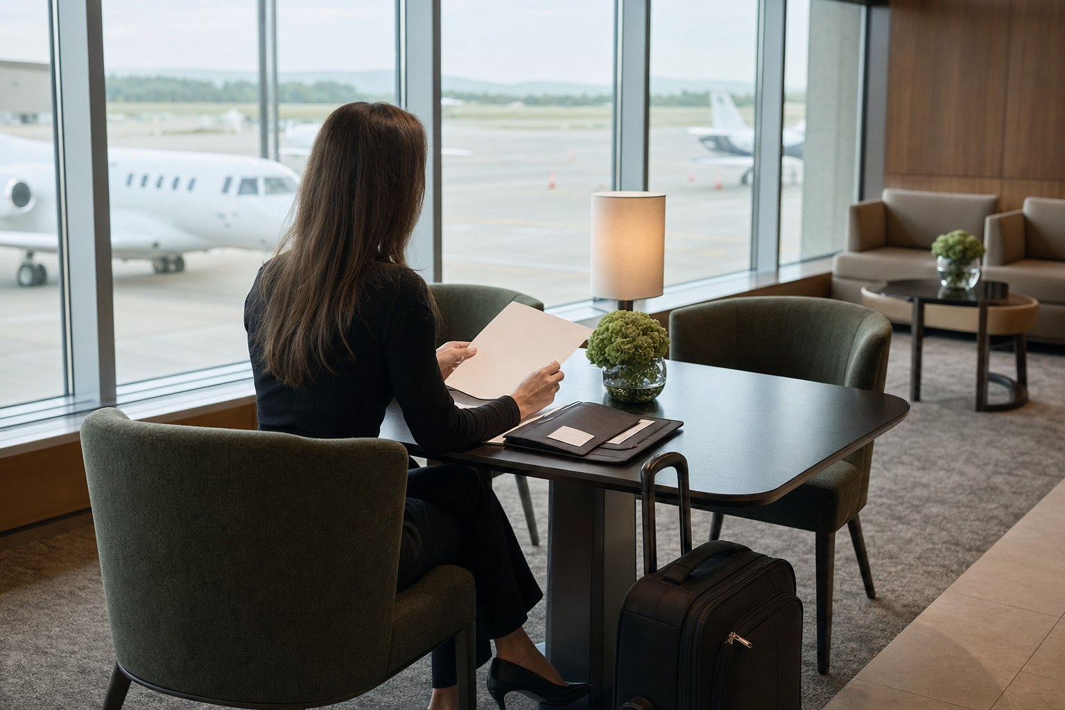 Travel adviser reviewing a paper itinerary in a private terminal lounge.