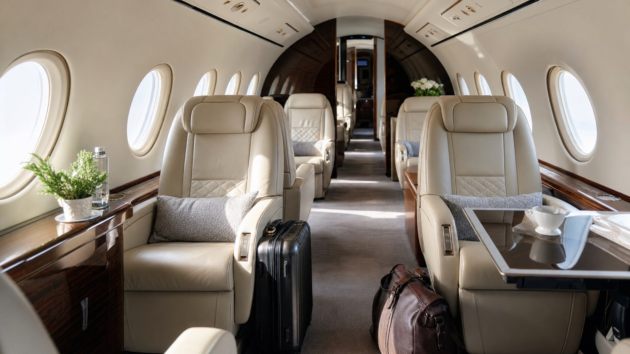 Private jet cabin with passenger seating and carry-on luggage.