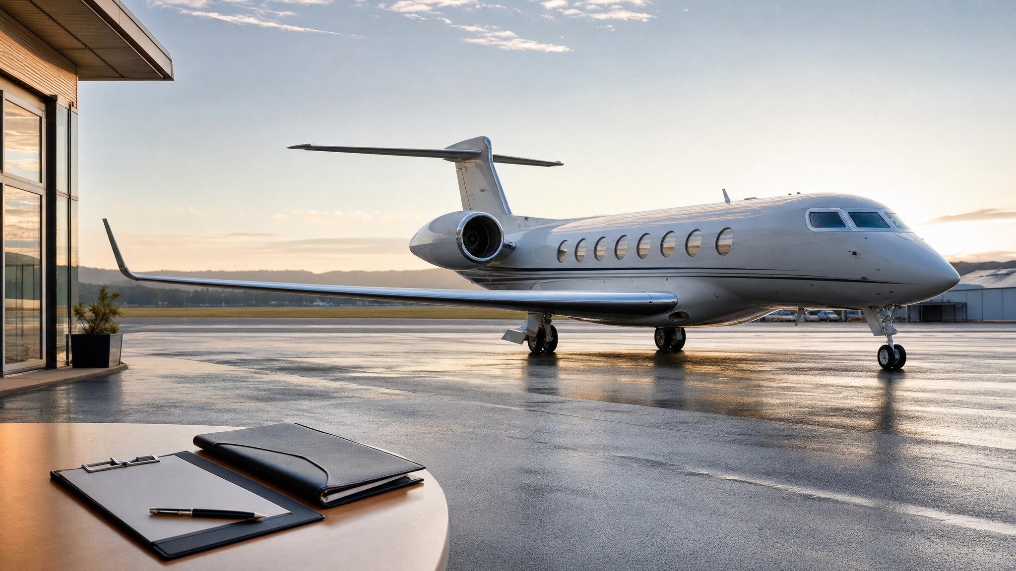 Private jet beside a fixed-base terminal with a flight planning folder in the foreground.