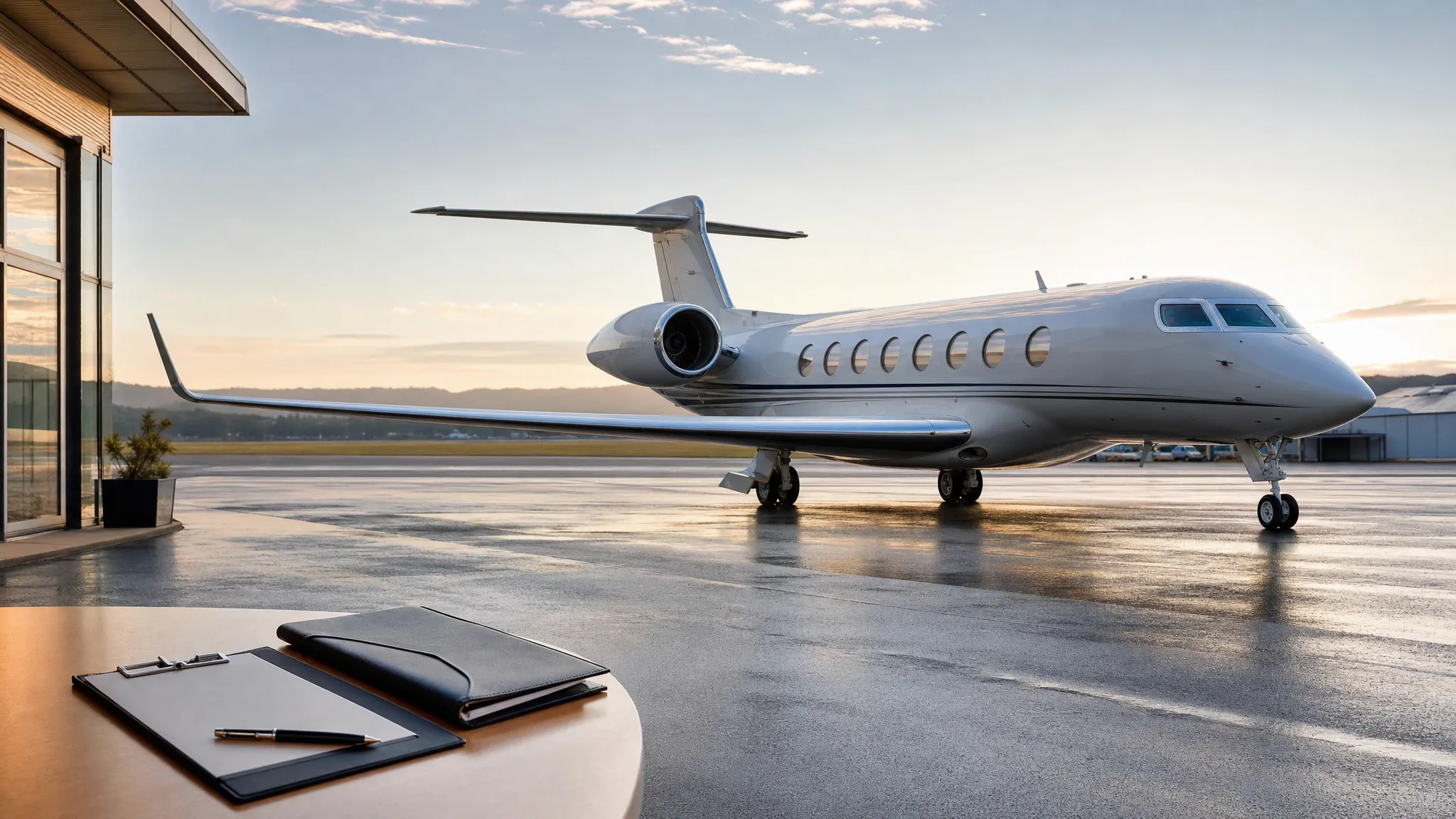 Private jet beside a fixed-base terminal with a flight planning folder in the foreground.