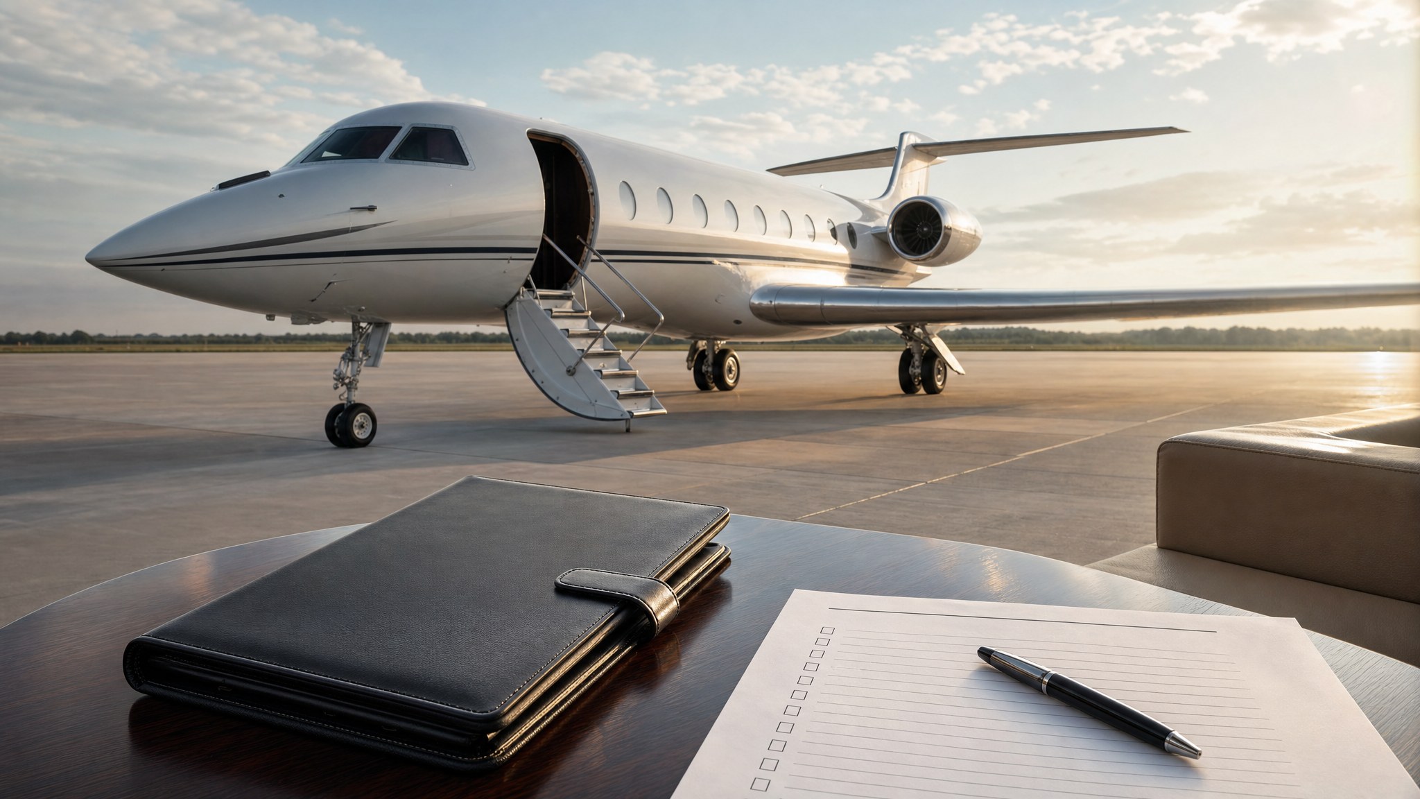 Private jet on an airport ramp with an unmarked pre-flight checklist in the foreground.