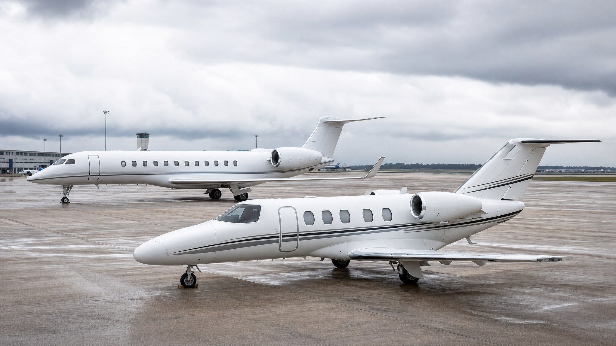 Two business jets of different sizes parked on an airport apron.