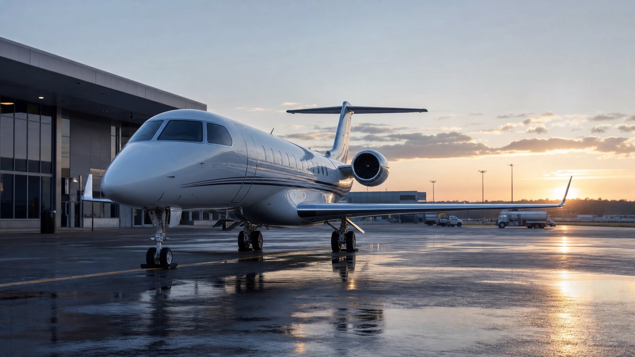 Private jet parked at a fixed-base terminal at sunrise.