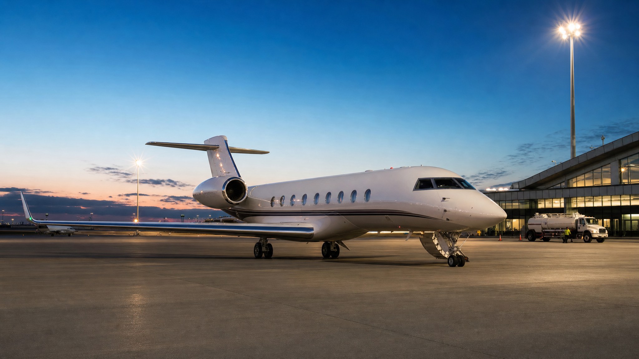 Business jet on an illuminated fixed-base terminal ramp at blue hour.