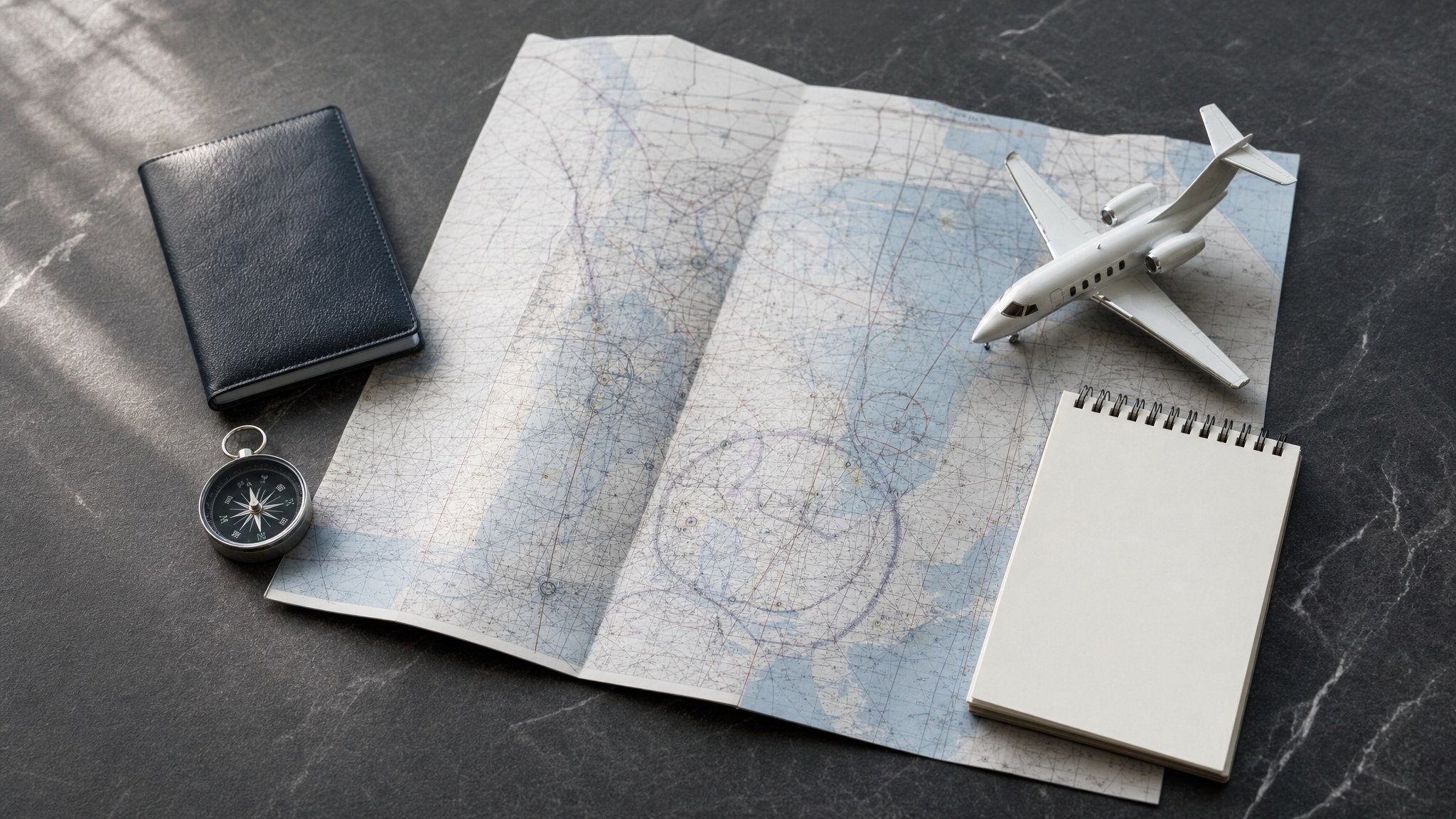 Aviation chart, compass, blank notebook, and model business jet on a table.