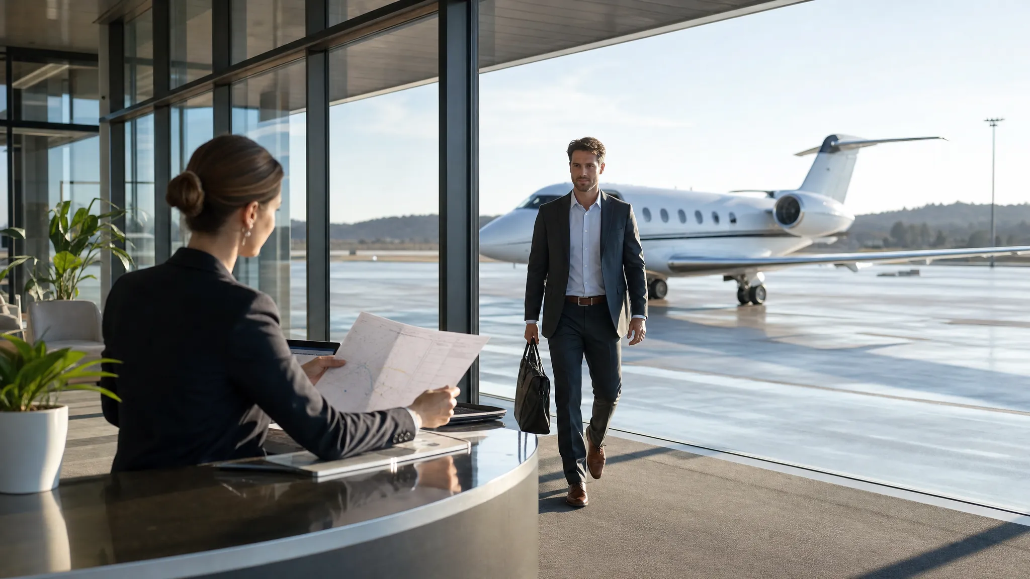 Travel adviser reviewing a private jet itinerary at a terminal.