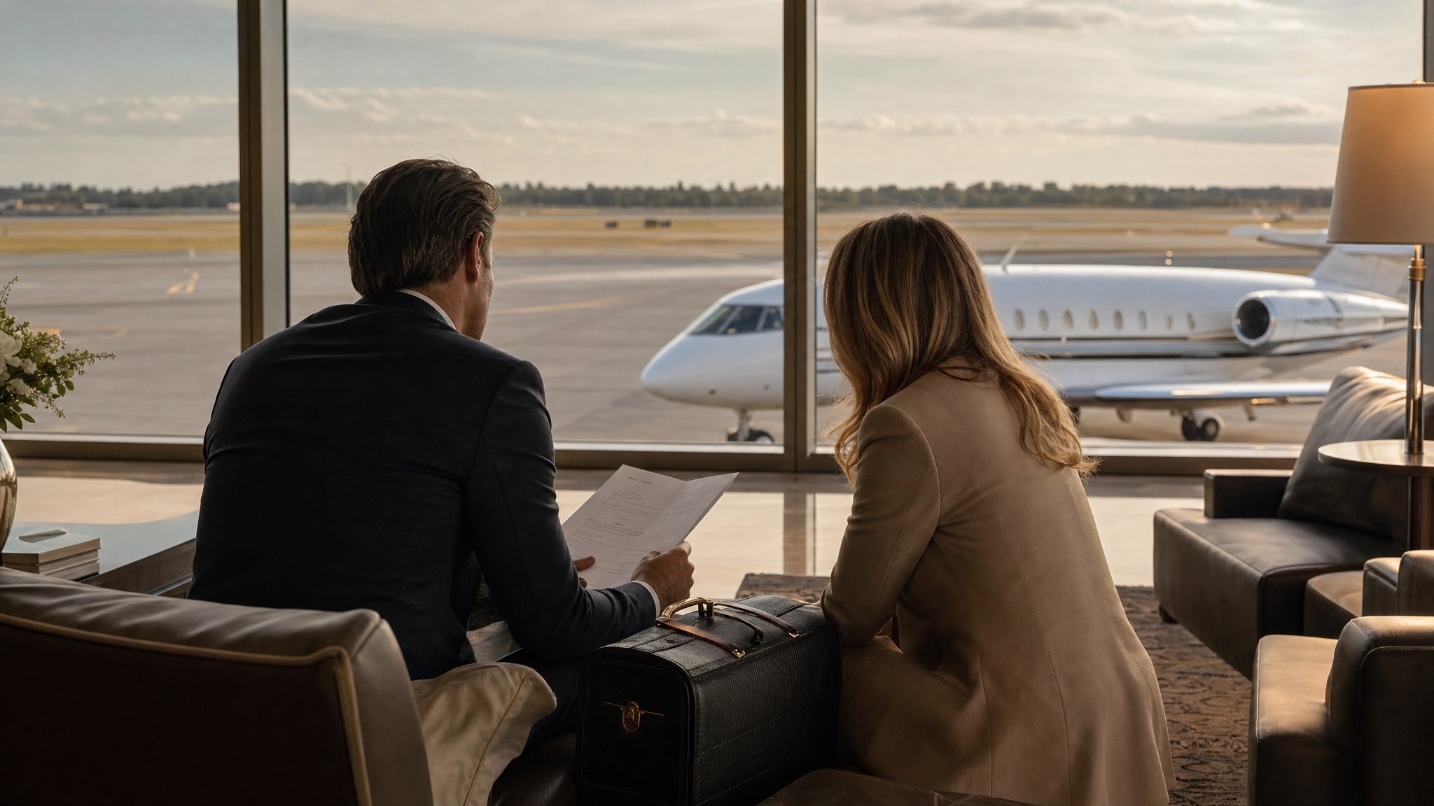 Two travel professionals reviewing an itinerary beside a private jet