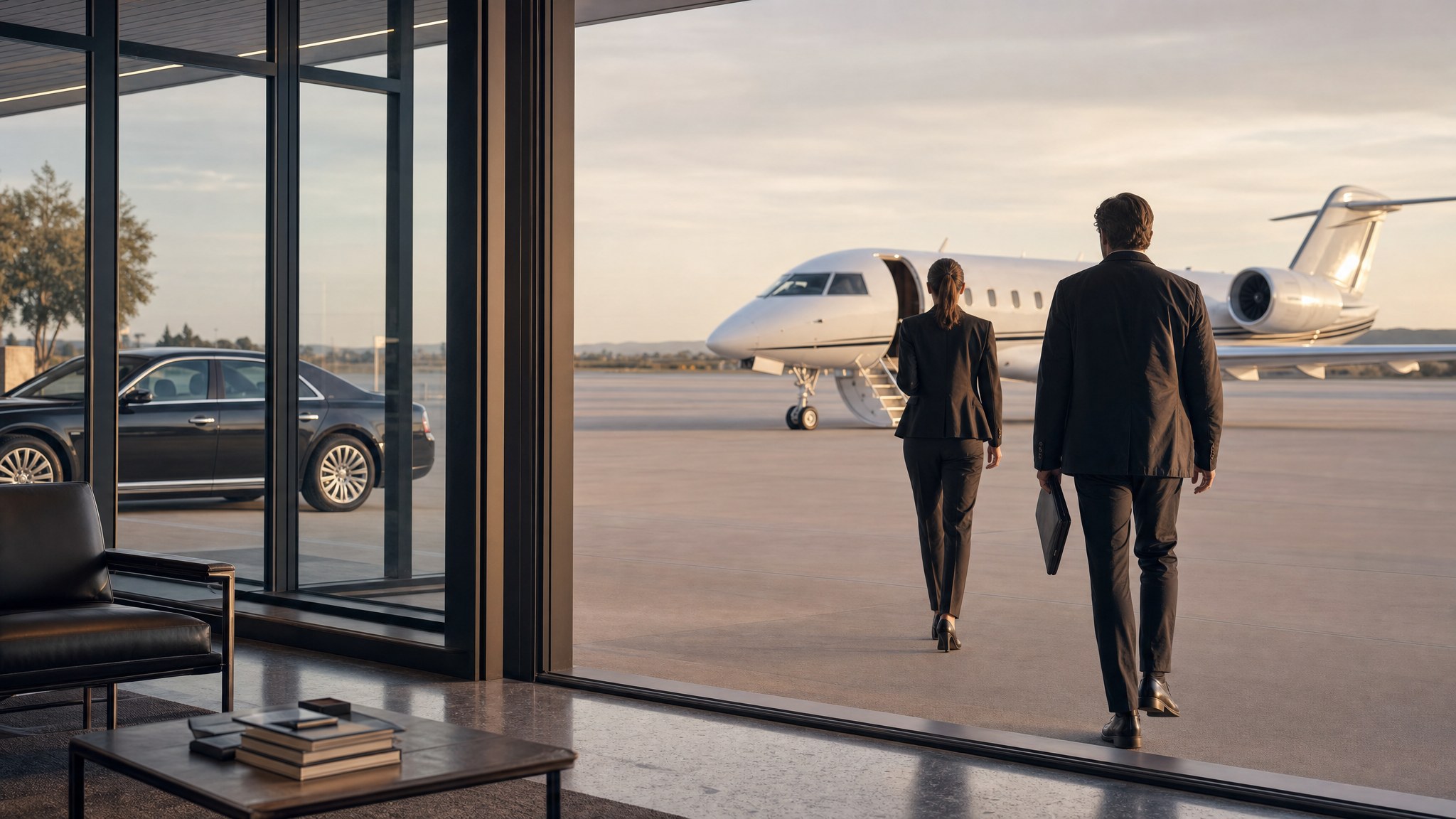 Travel team walking from a private terminal toward a business jet and waiting car