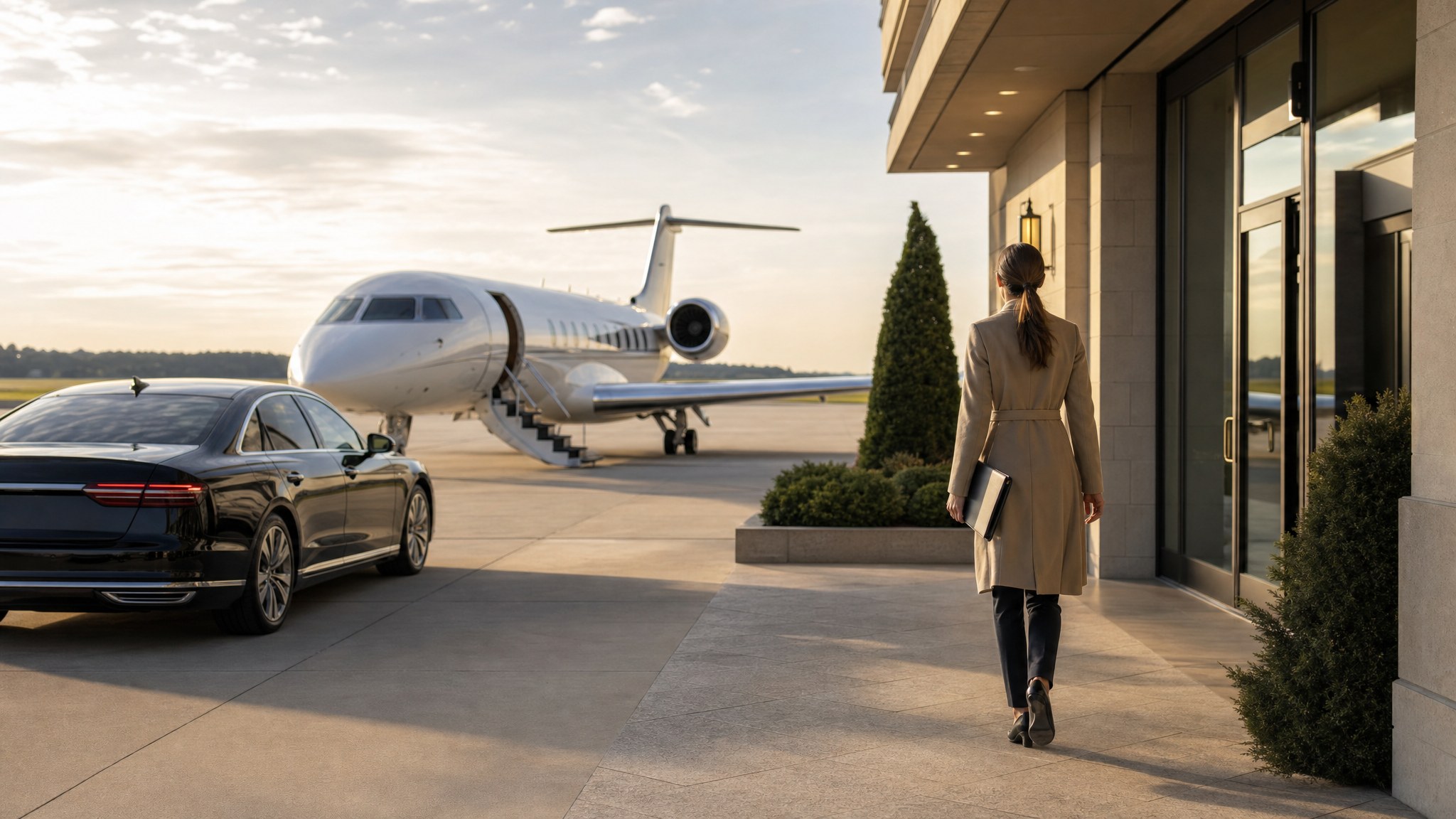 Travel coordinator walking between a private terminal, waiting car, and business jet