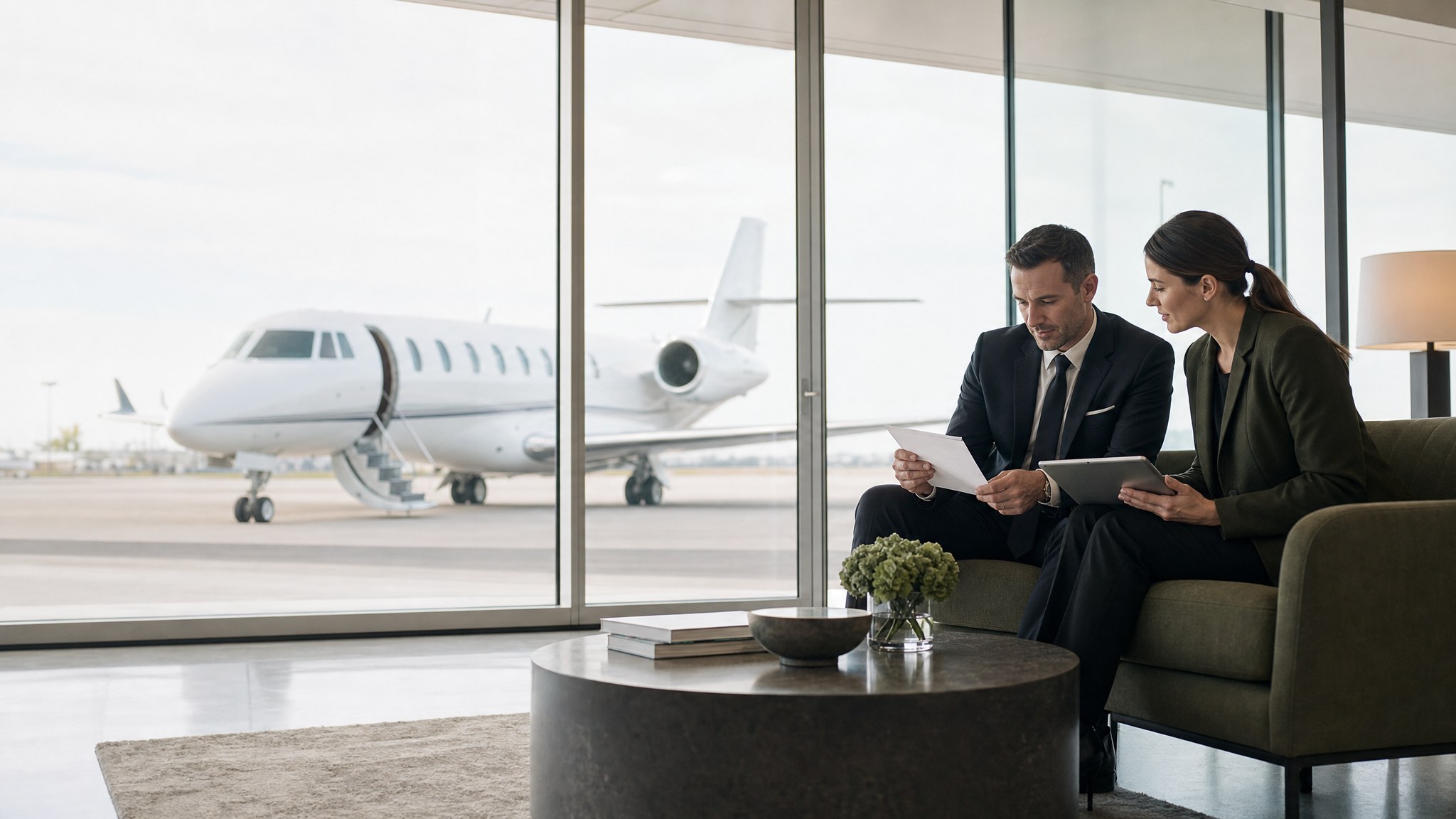 Private aviation travel team reviewing an itinerary in a terminal lounge beside a business jet