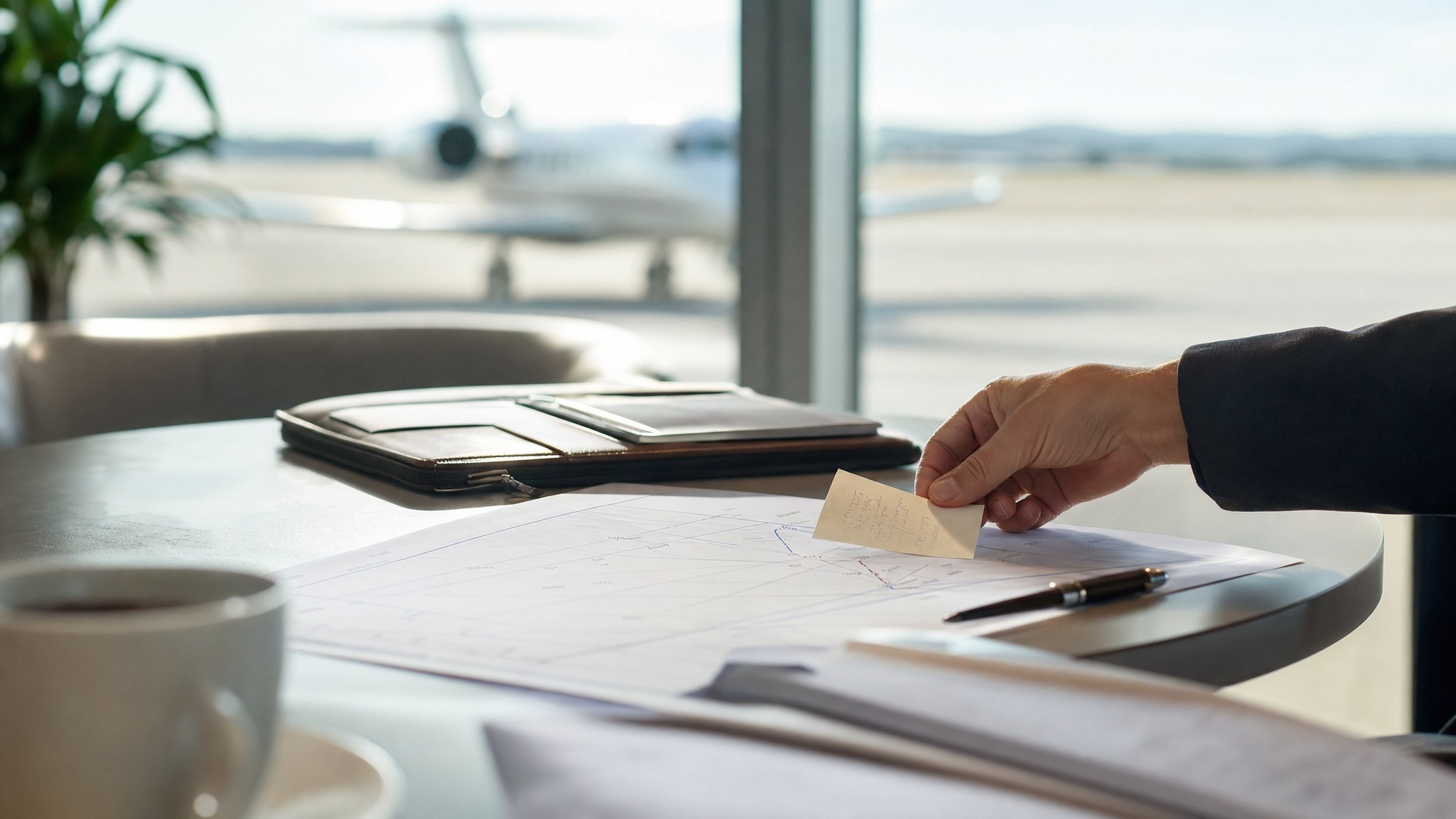 Flight timing notes being reviewed beside a private jet at a terminal