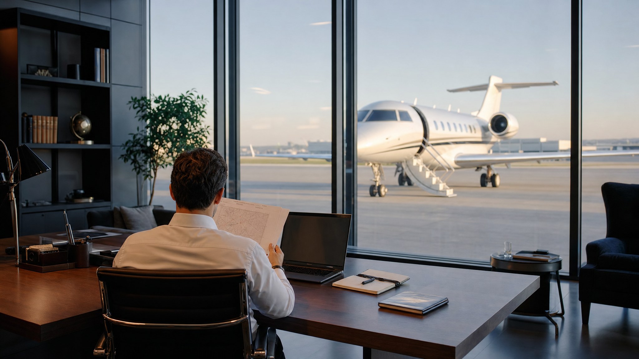 Private aviation professional reviewing a flight brief beside a business jet