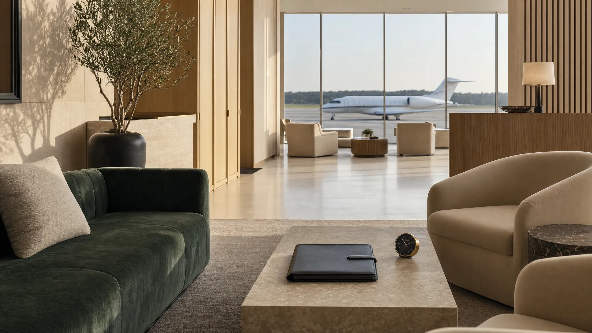 Quiet private terminal lounge with a jet visible through the windows