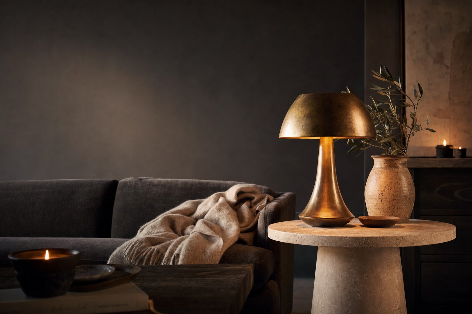 Brass lamp and stoneware vase in a warmly lit evening room