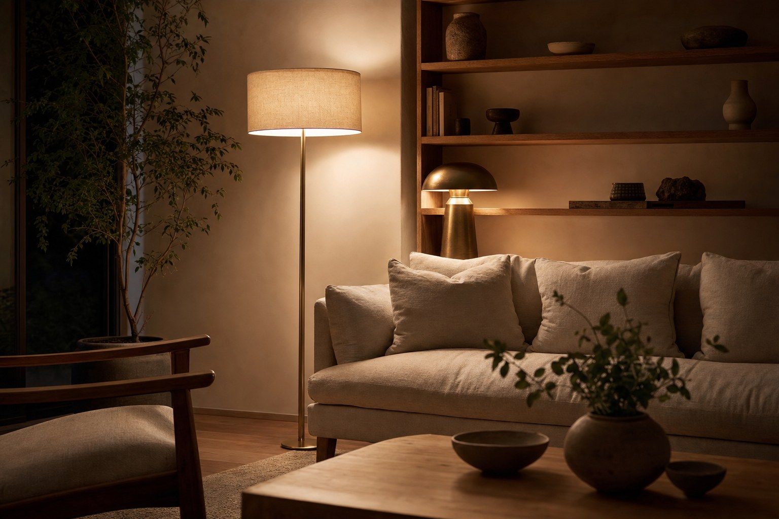 Warm layered lighting in a modern living room