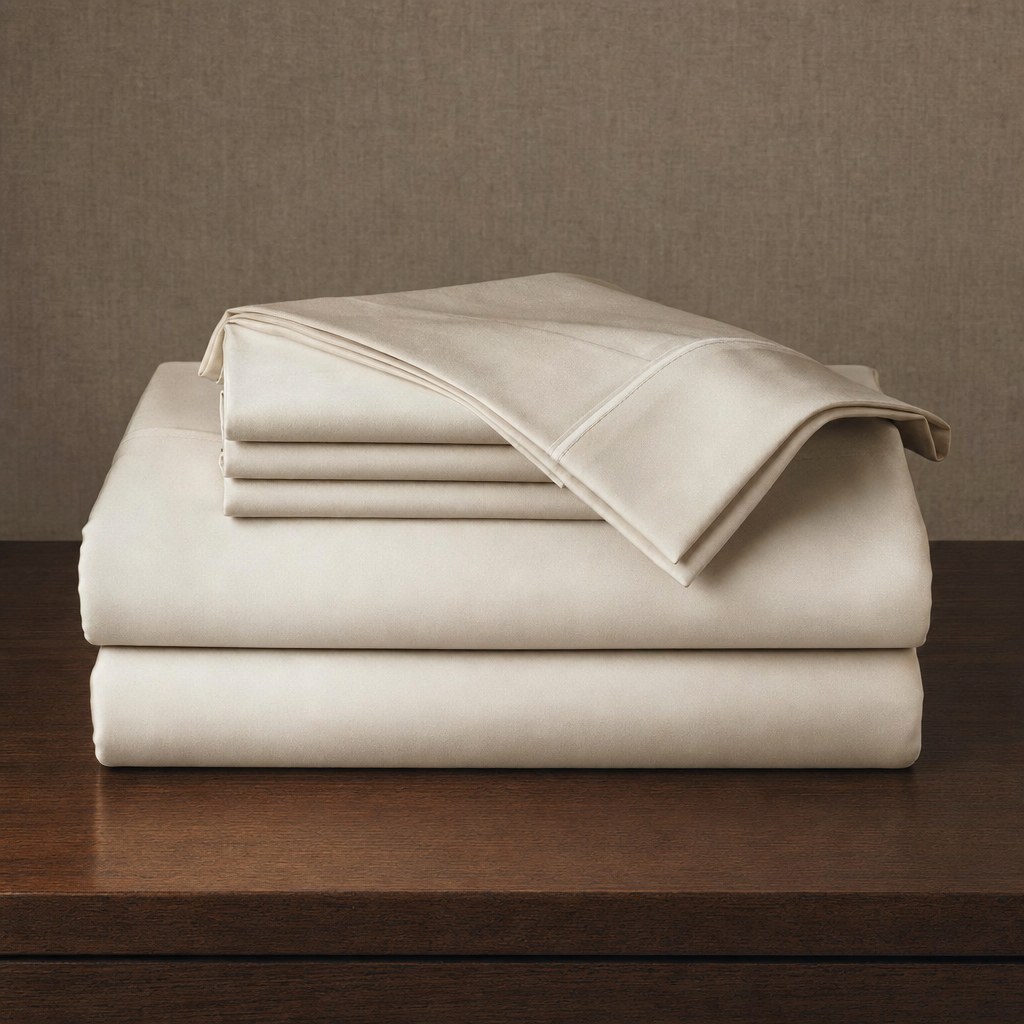 Folded cotton sateen sheets in a warm bedroom