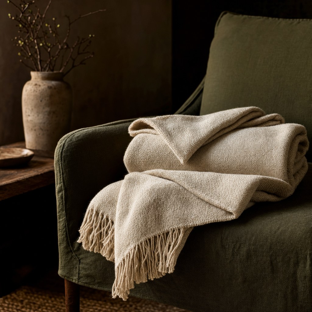 Undyed wool throw in a warm living room