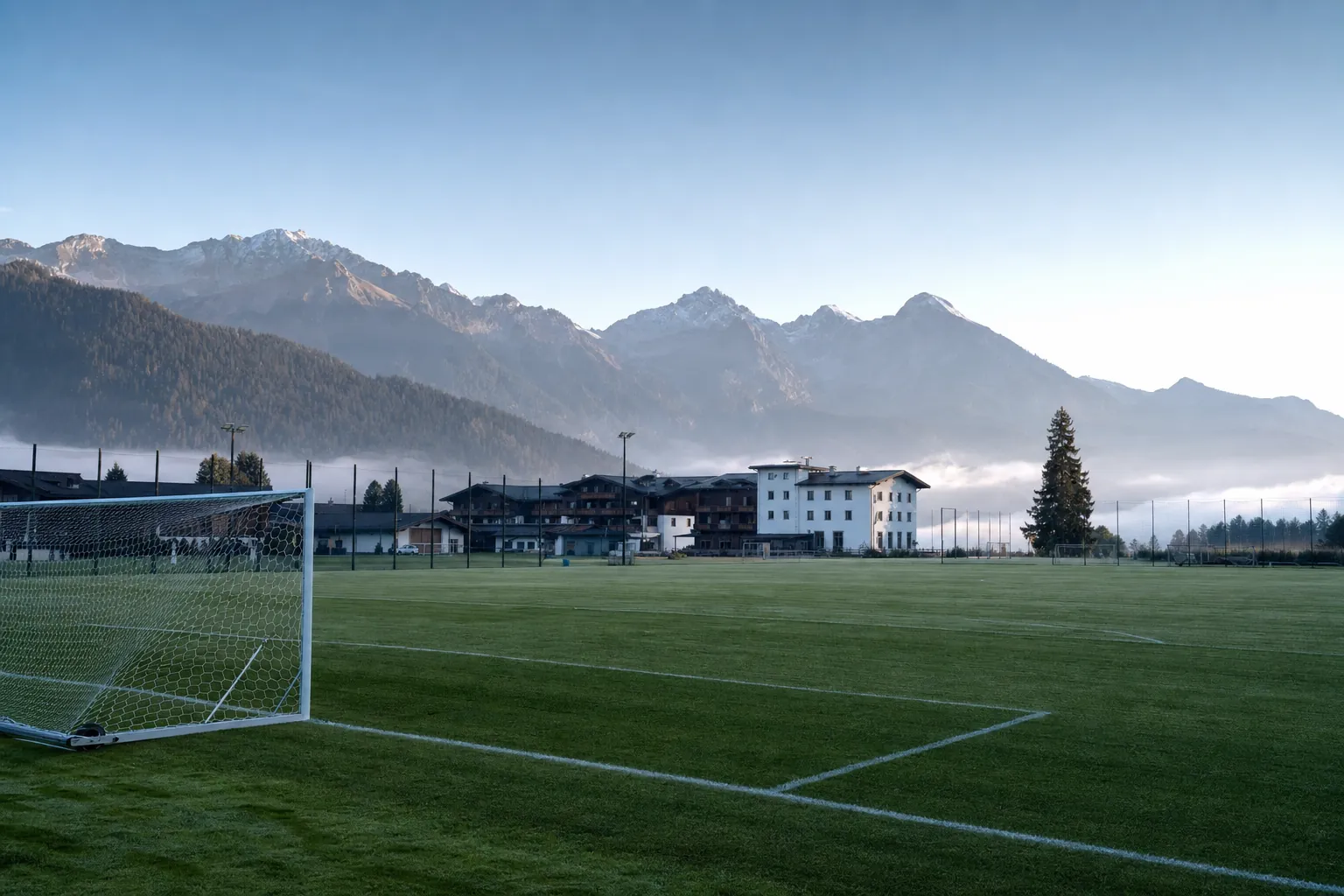 Football training setting in Austria with mountain surroundings