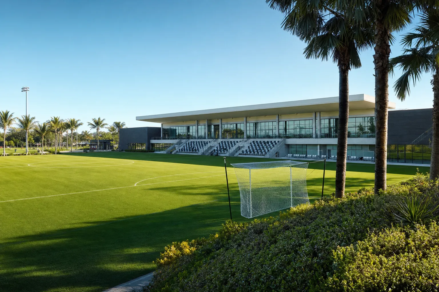 South Florida soccer training field lined with palms