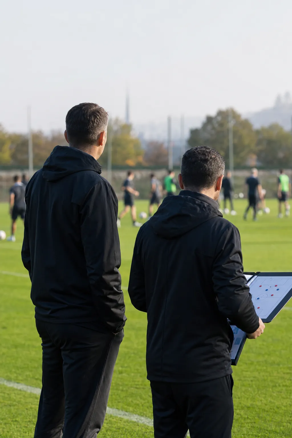 Football staff reviewing a training session from pitch side