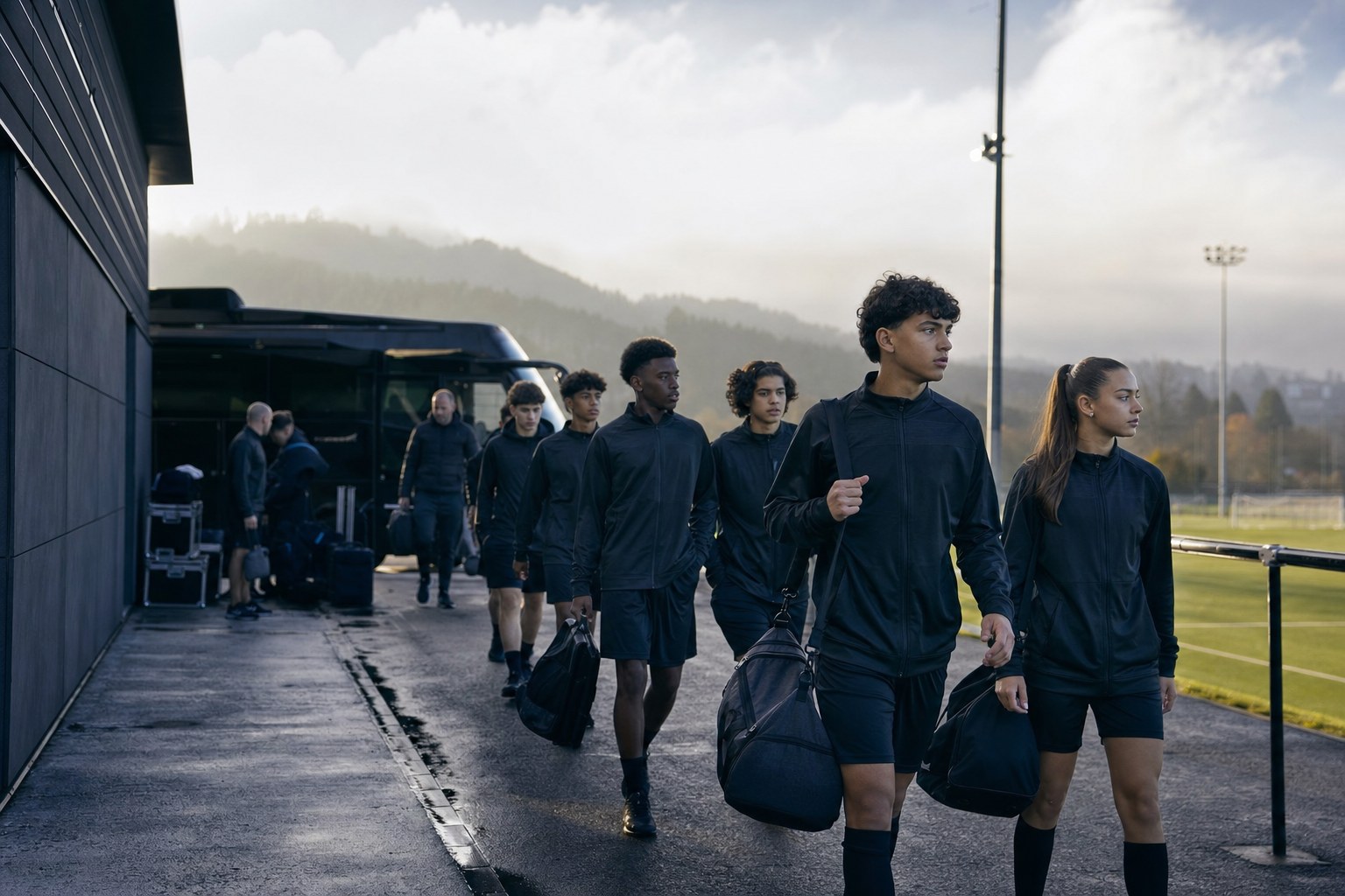 Elite academy football players arriving at a training ground for an international tour