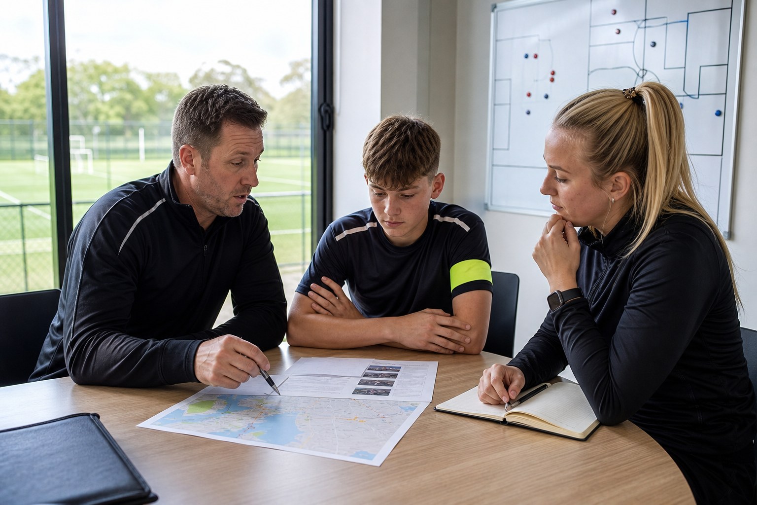 Academy football staff reviewing an international tour plan with a player