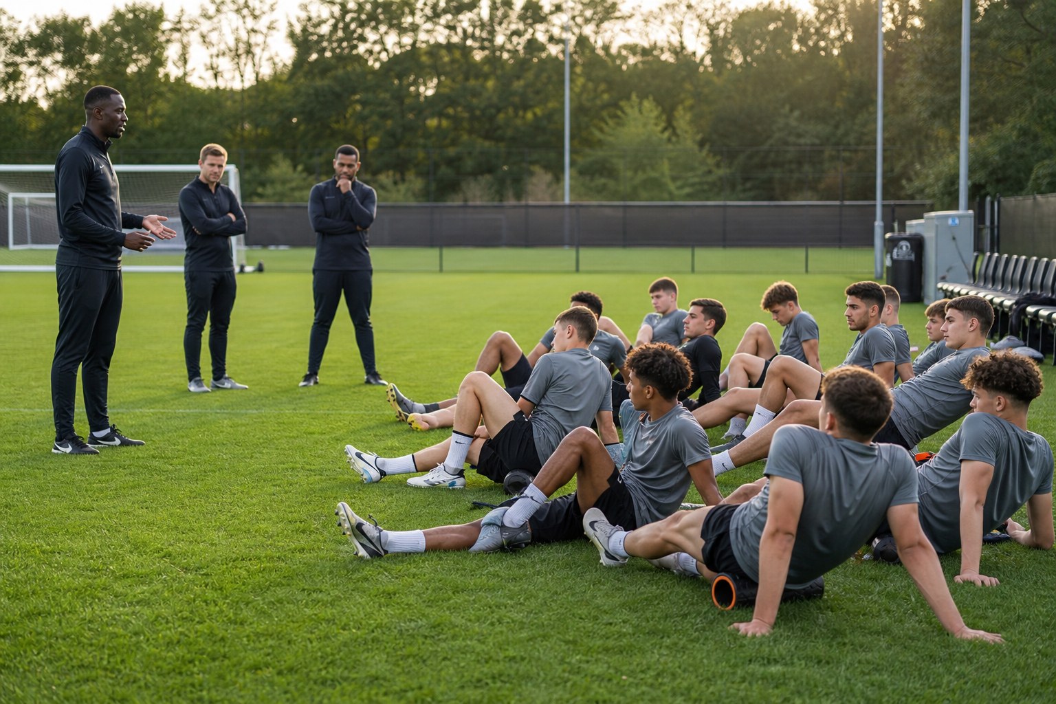 Academy football players completing a supervised recovery session after training