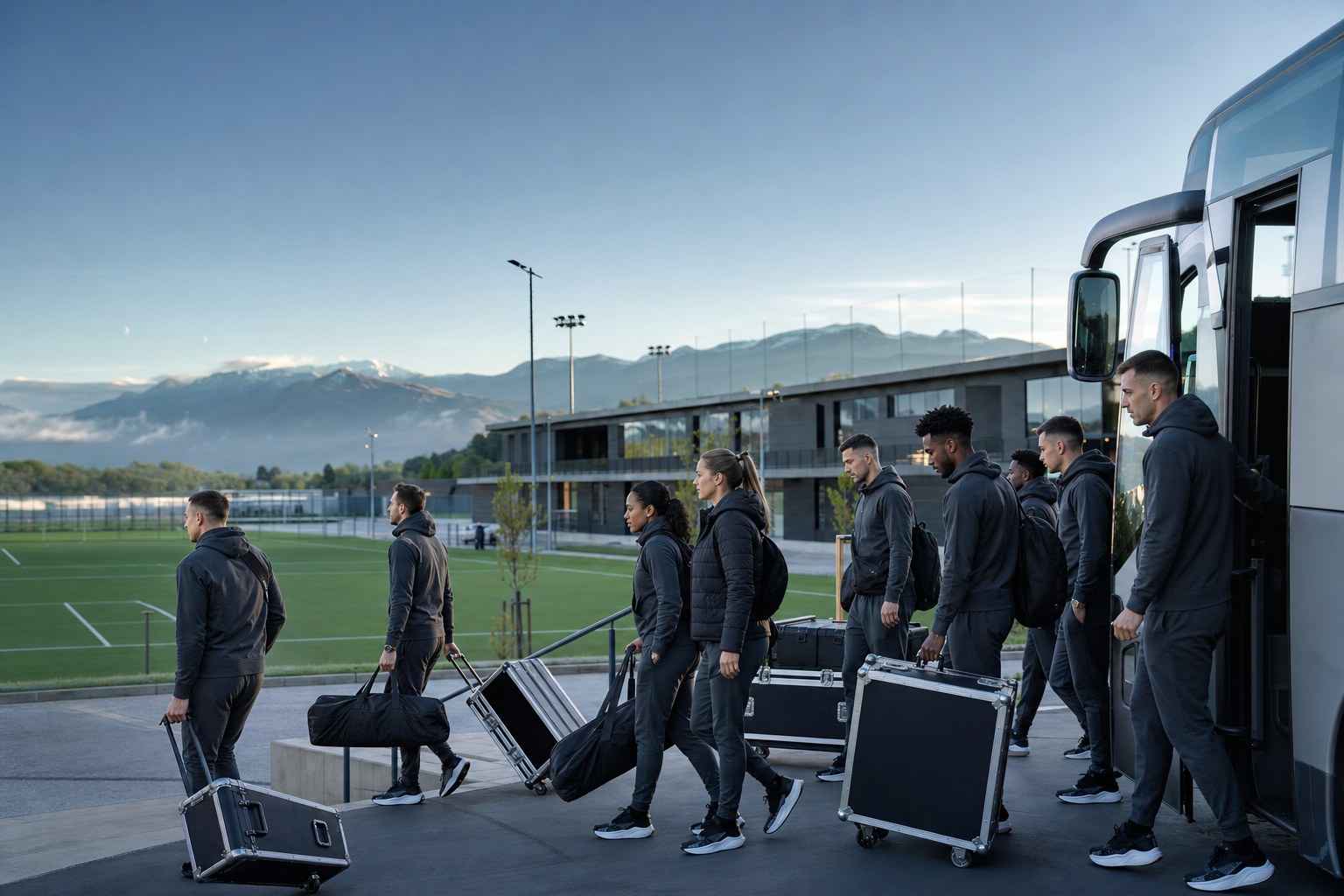 Professional football team arriving at a European training base with equipment cases