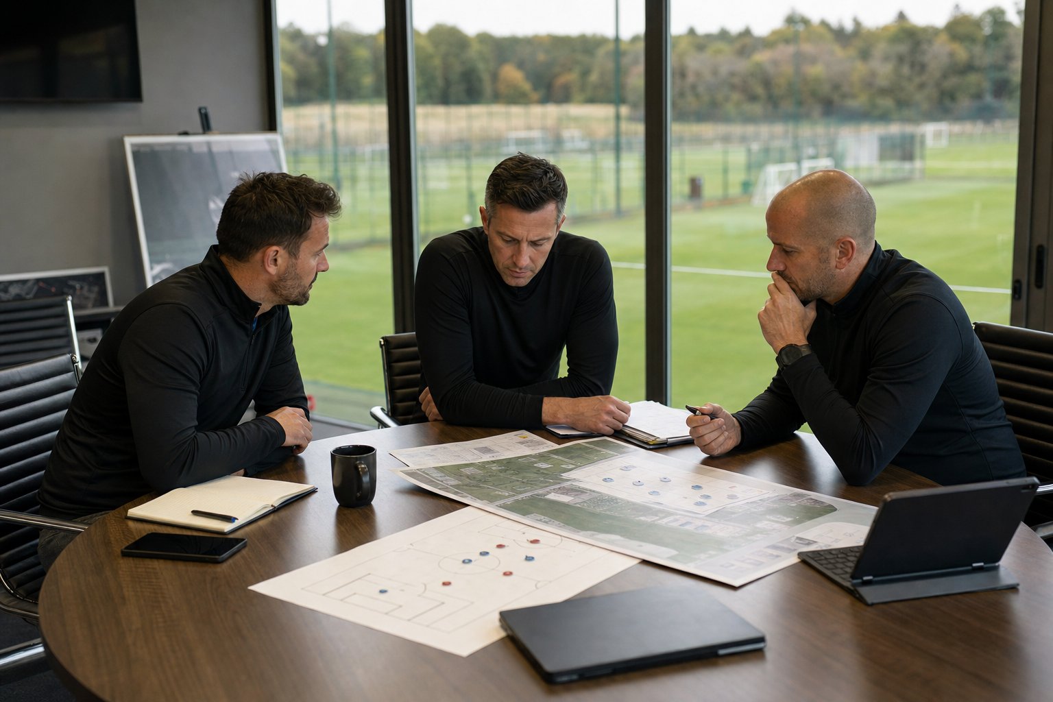 Football staff reviewing a friendly-match plan at a training base