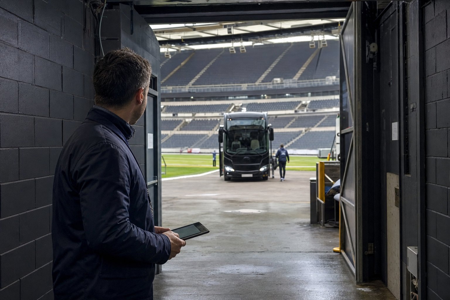 Football operations manager checking stadium access before an international friendly