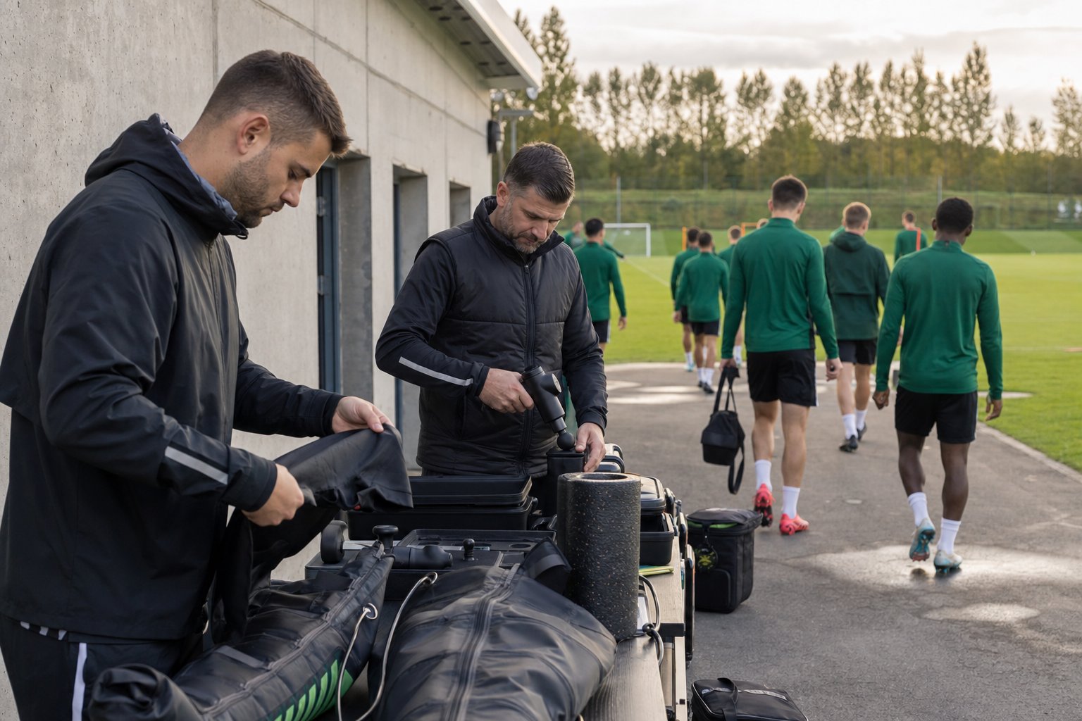 Football performance staff preparing a recovery area beside a training pitch