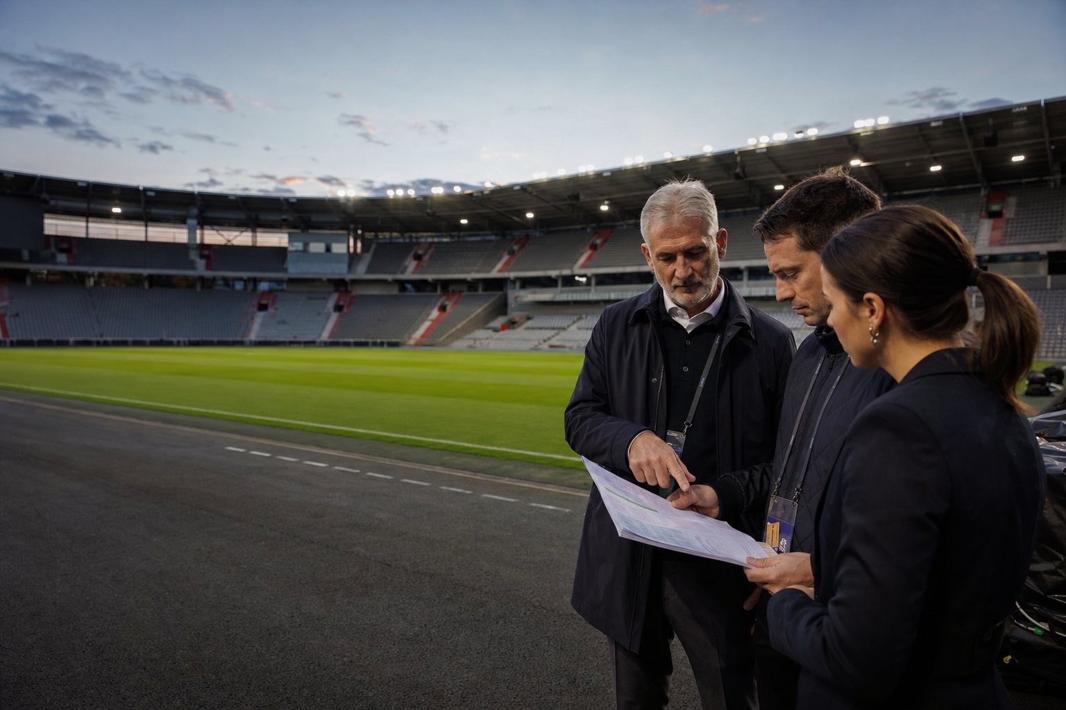 Football operations staff reviewing an international friendly match plan beside the pitch