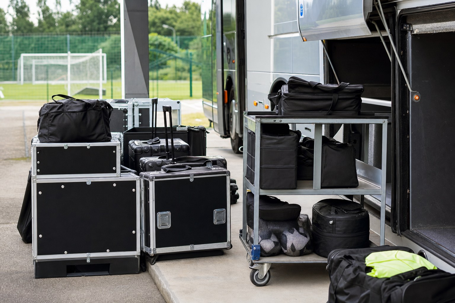 Football equipment cases prepared beside a team coach at a training ground