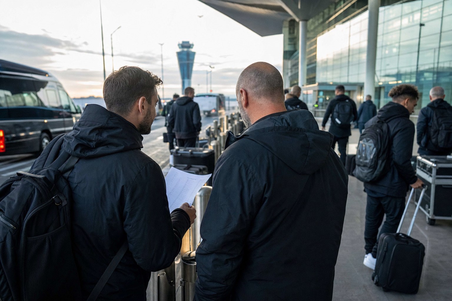Football operations staff coordinating a team arrival at an airport