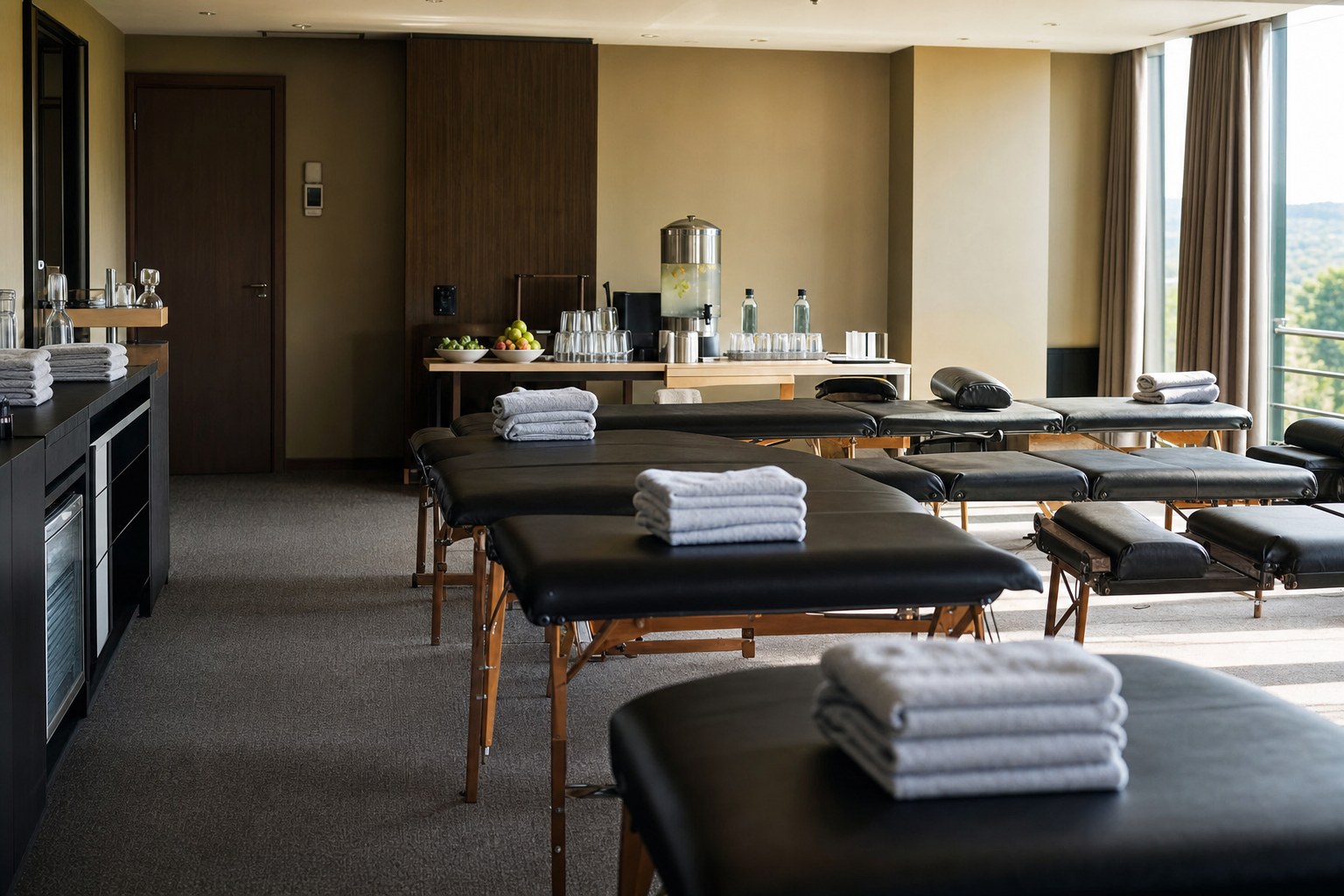Prepared football recovery room with treatment tables and towels
