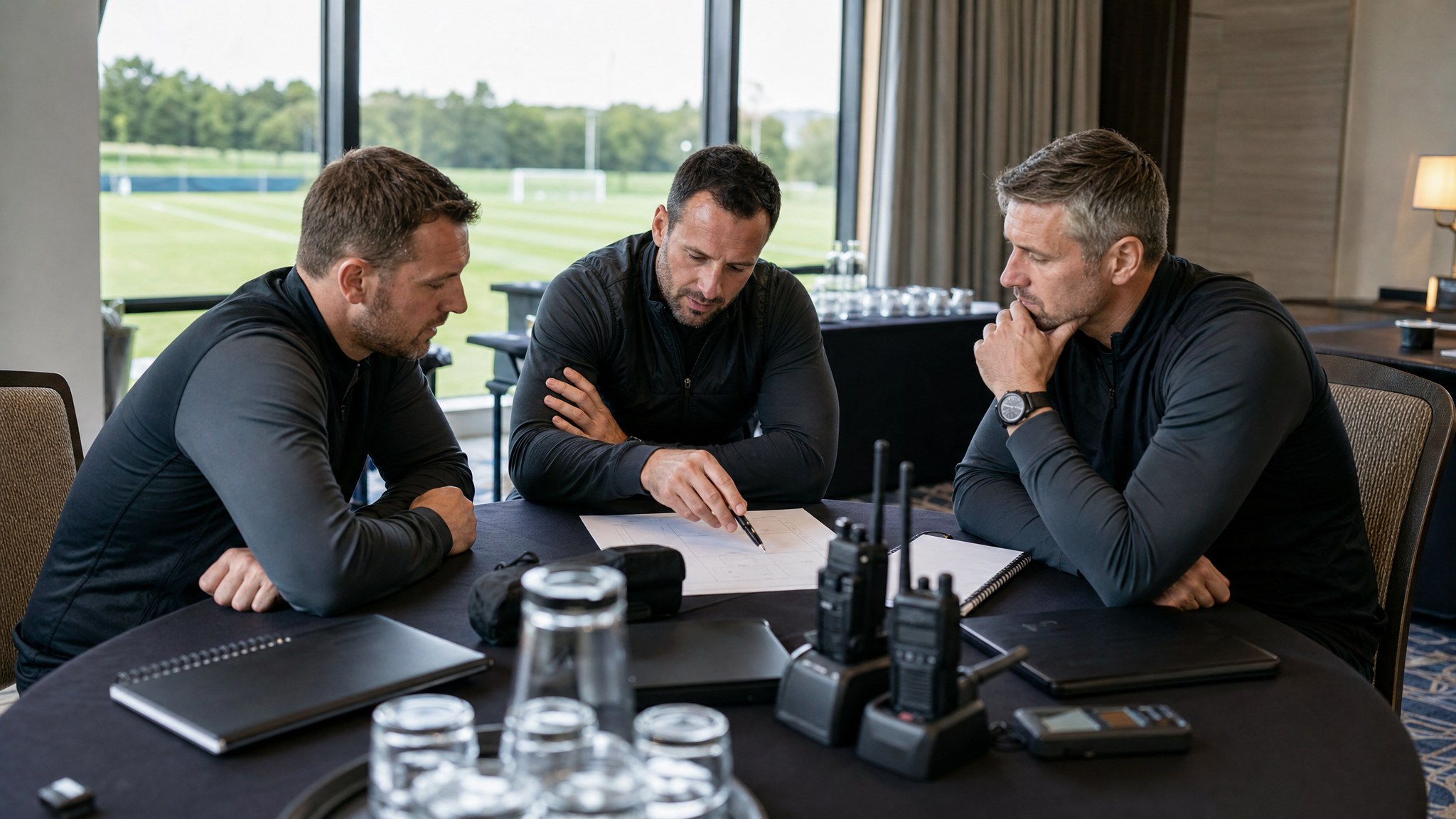 Football staff reviewing the team's daily travel plan before training