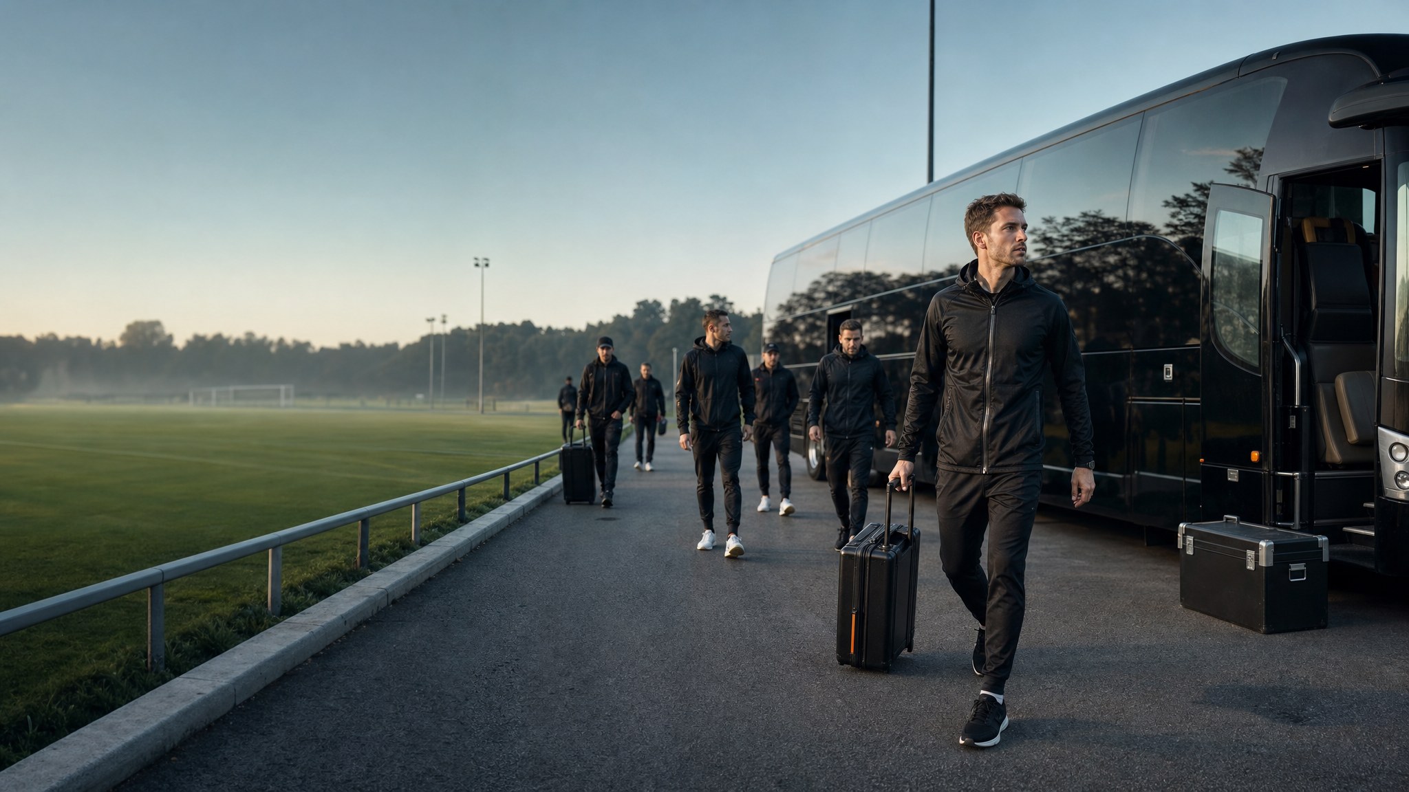 Professional soccer team arriving by coach at a training ground