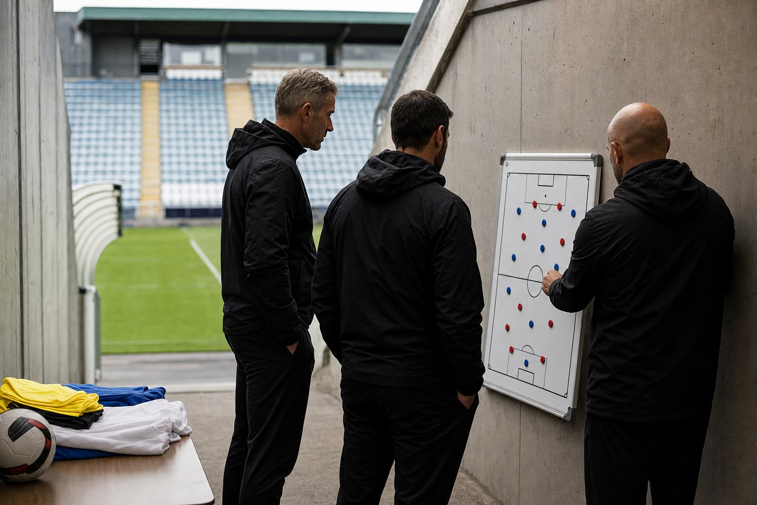 Football coaching staff discussing a match plan beside a tactics board