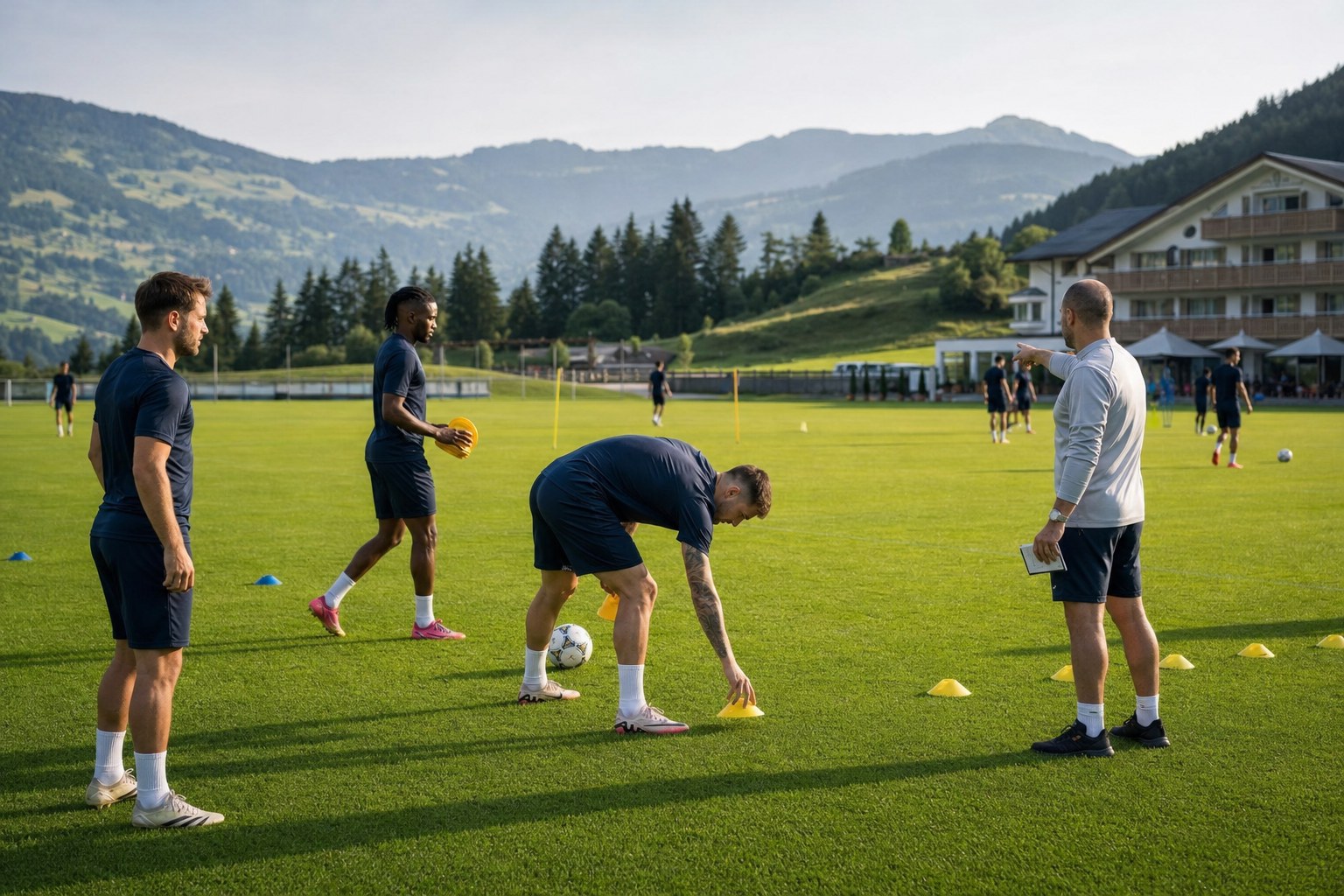 Professional soccer team preparing a training session at a mountain training base