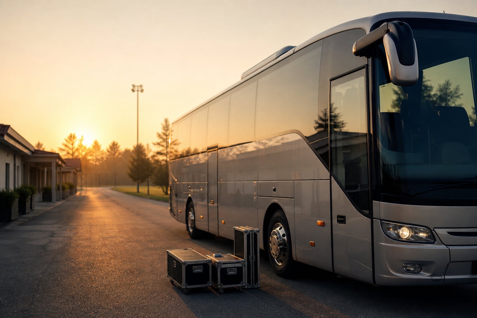 Team coach arriving at a training base at sunrise