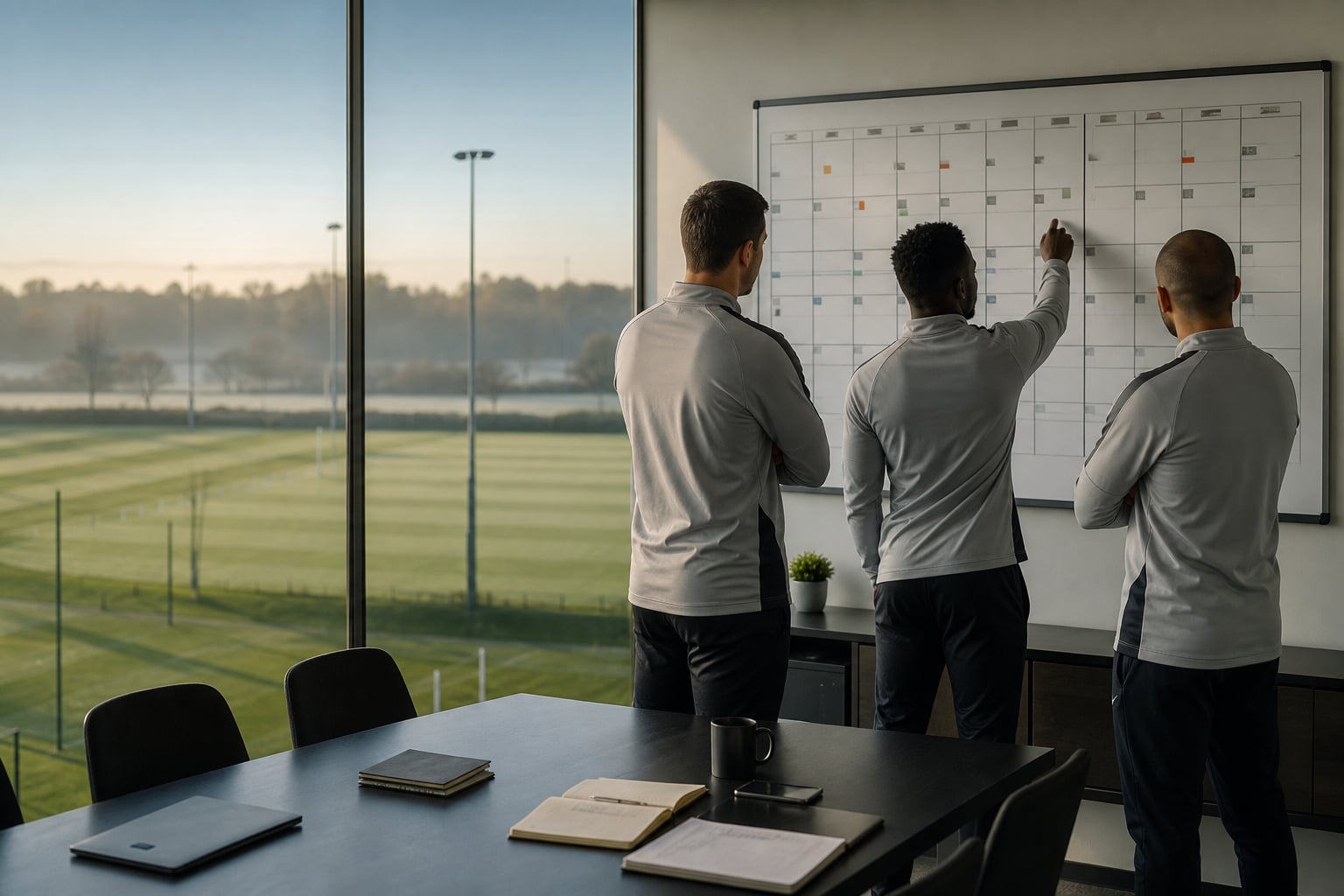 Football staff planning around an international window in a training-base meeting room