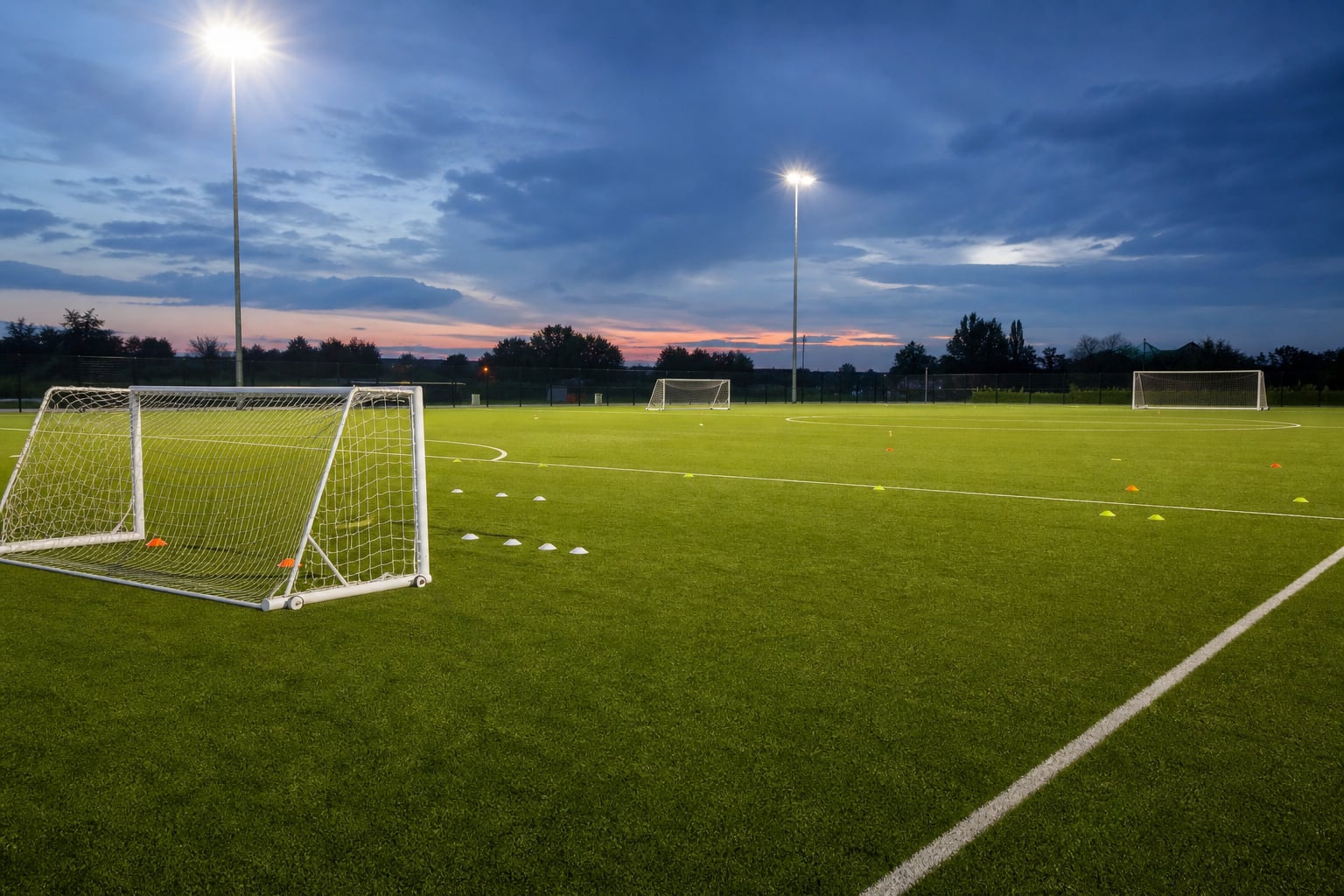 Professional football training pitch prepared for an evening session