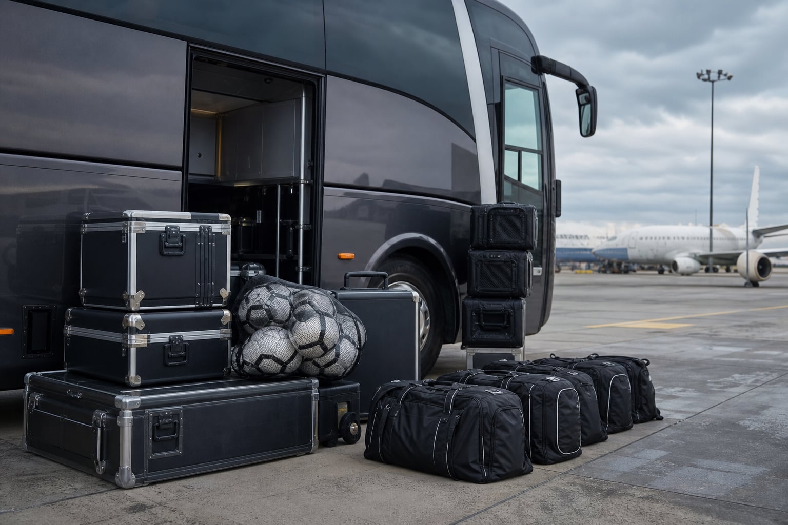 Football travel equipment beside a team coach at an airport