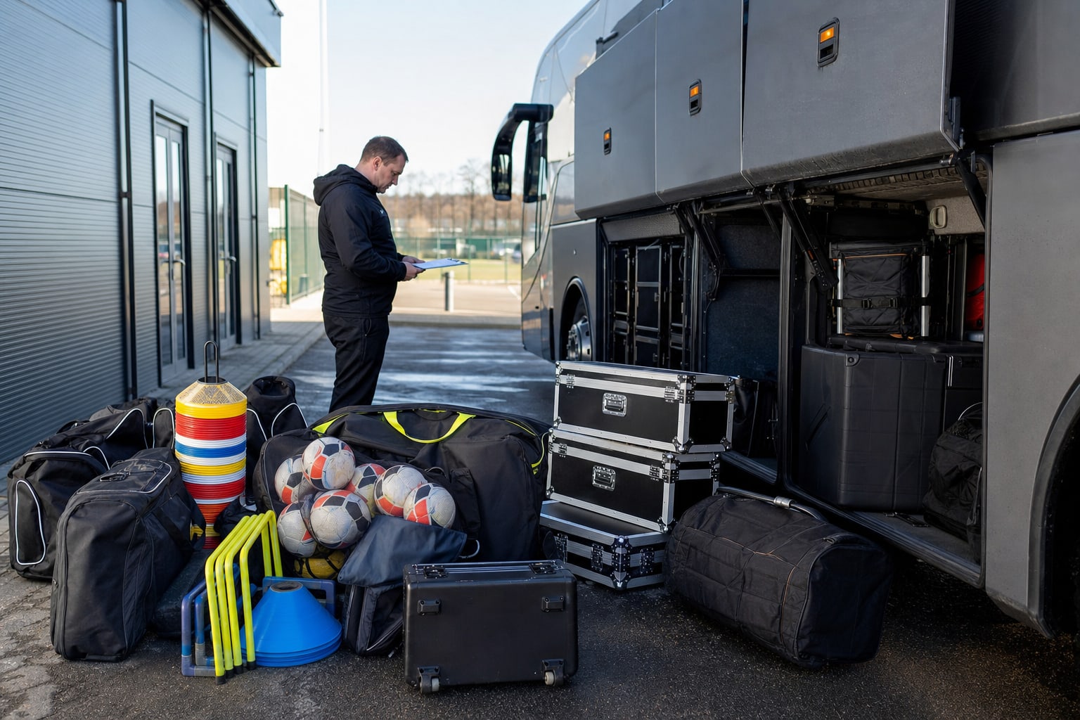 Football equipment manager checking cases and training equipment beside a team coach