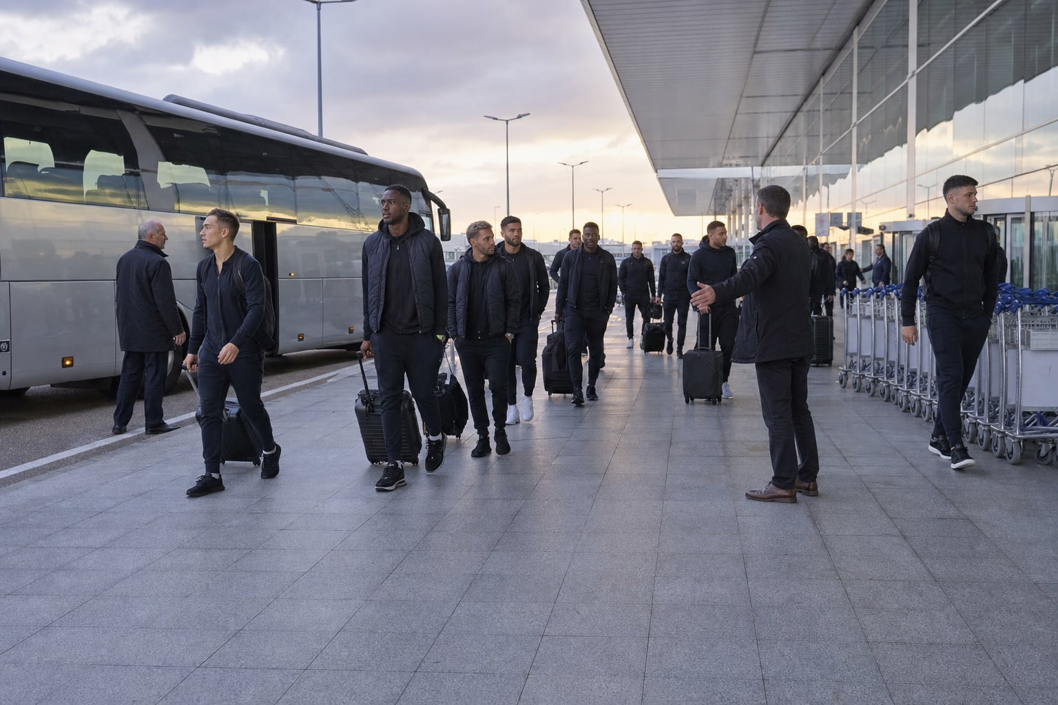 Professional soccer squad arriving at an airport for a training camp
