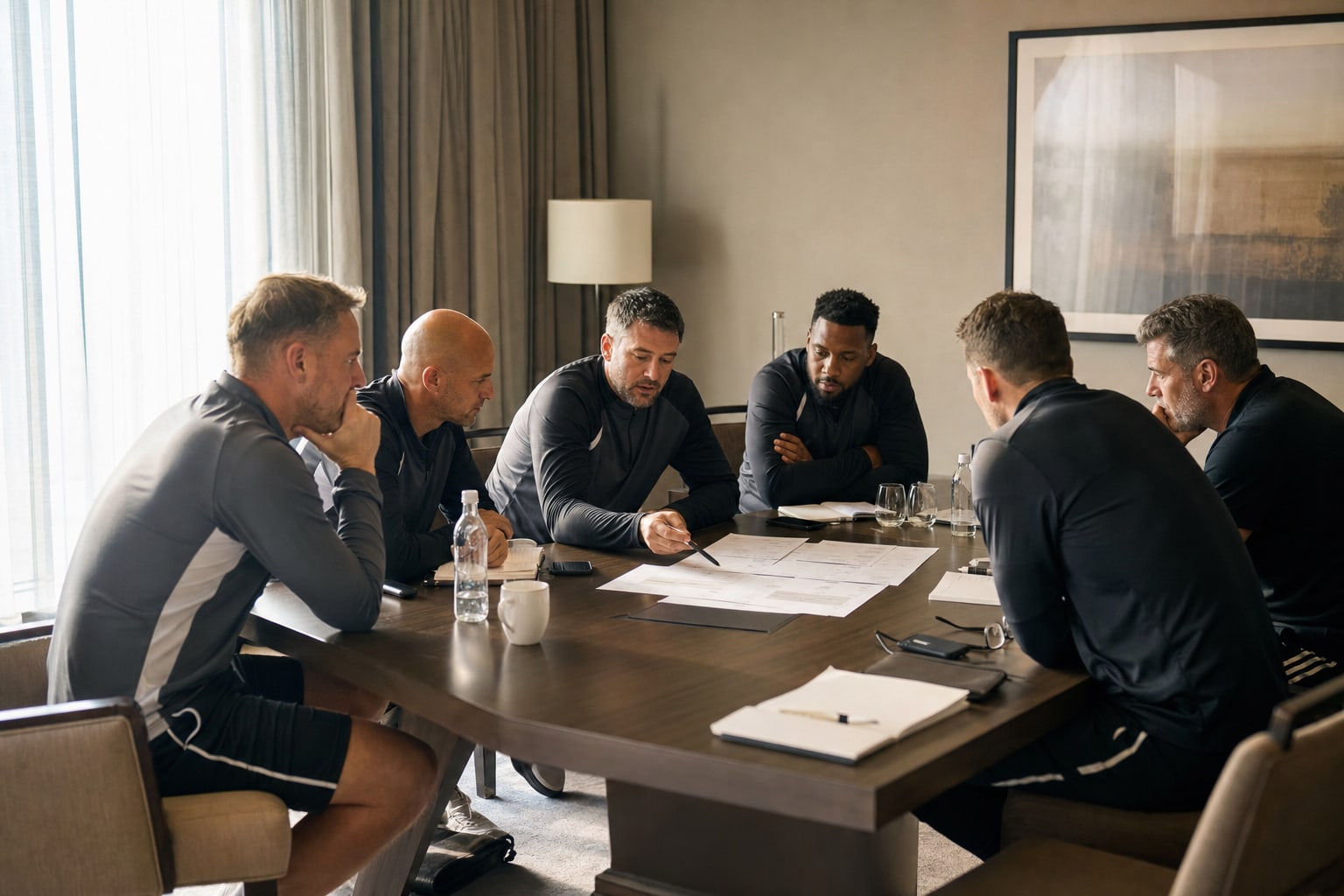 Professional football staff coordinating a camp itinerary in a hotel meeting room