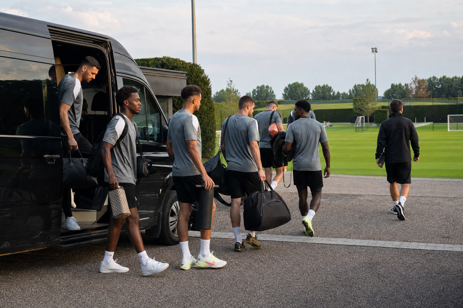 Professional soccer players arriving at a private training ground from a minibus